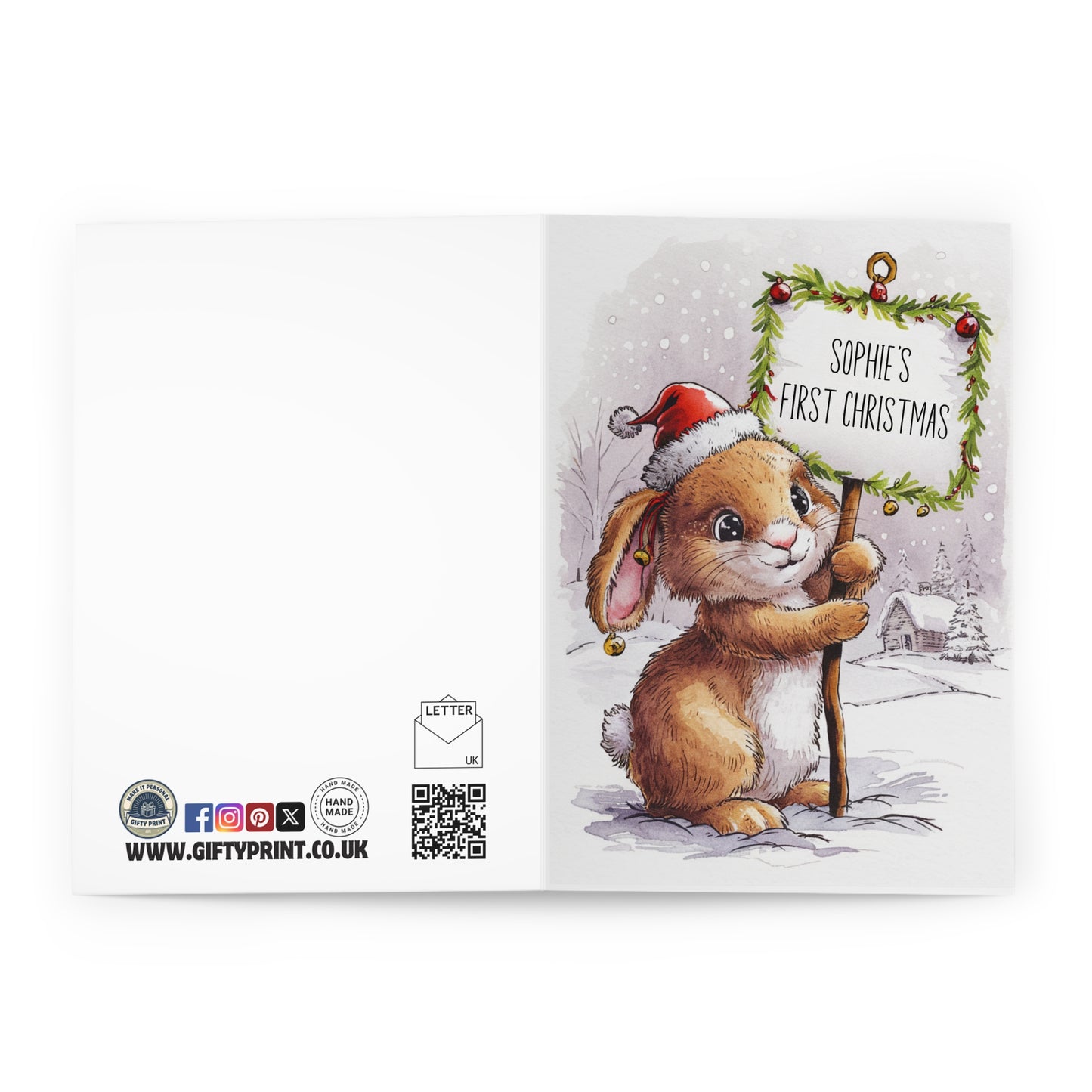 Personalised Babies First Christmas Card Watercolour Rabbit open