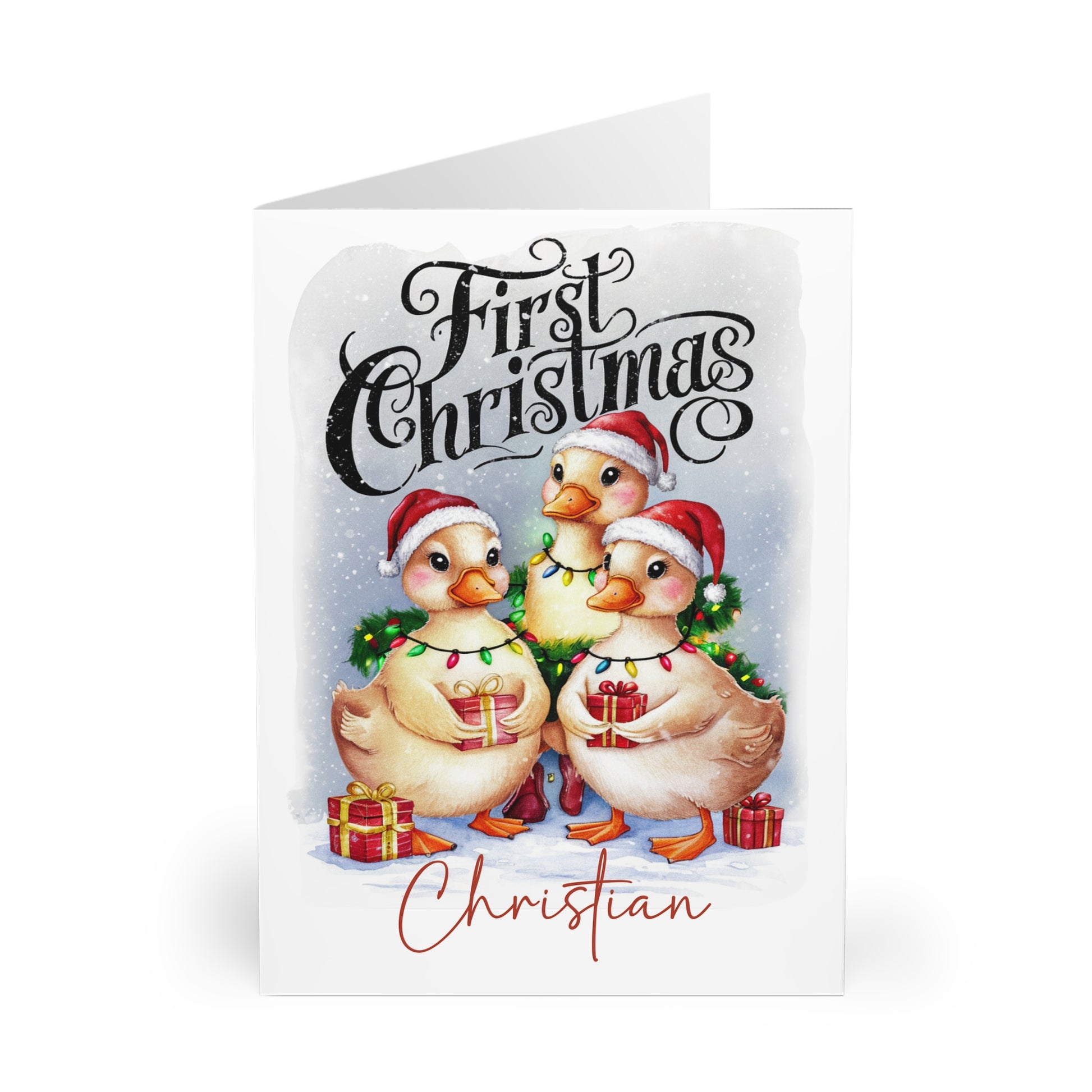 Personalised Babies First Christmas Cute Ducks Christmas Card front