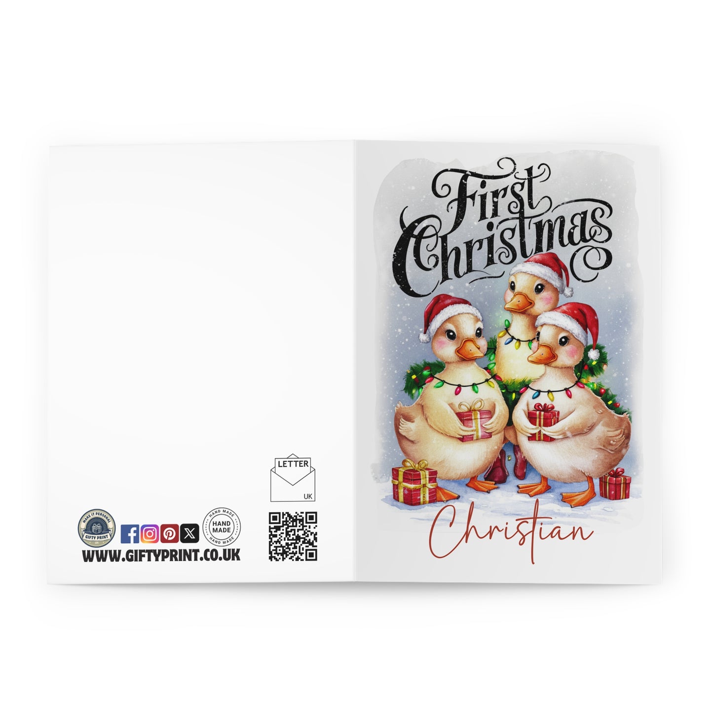 Open Personalised Babies First Christmas Cute Ducks Christmas Card