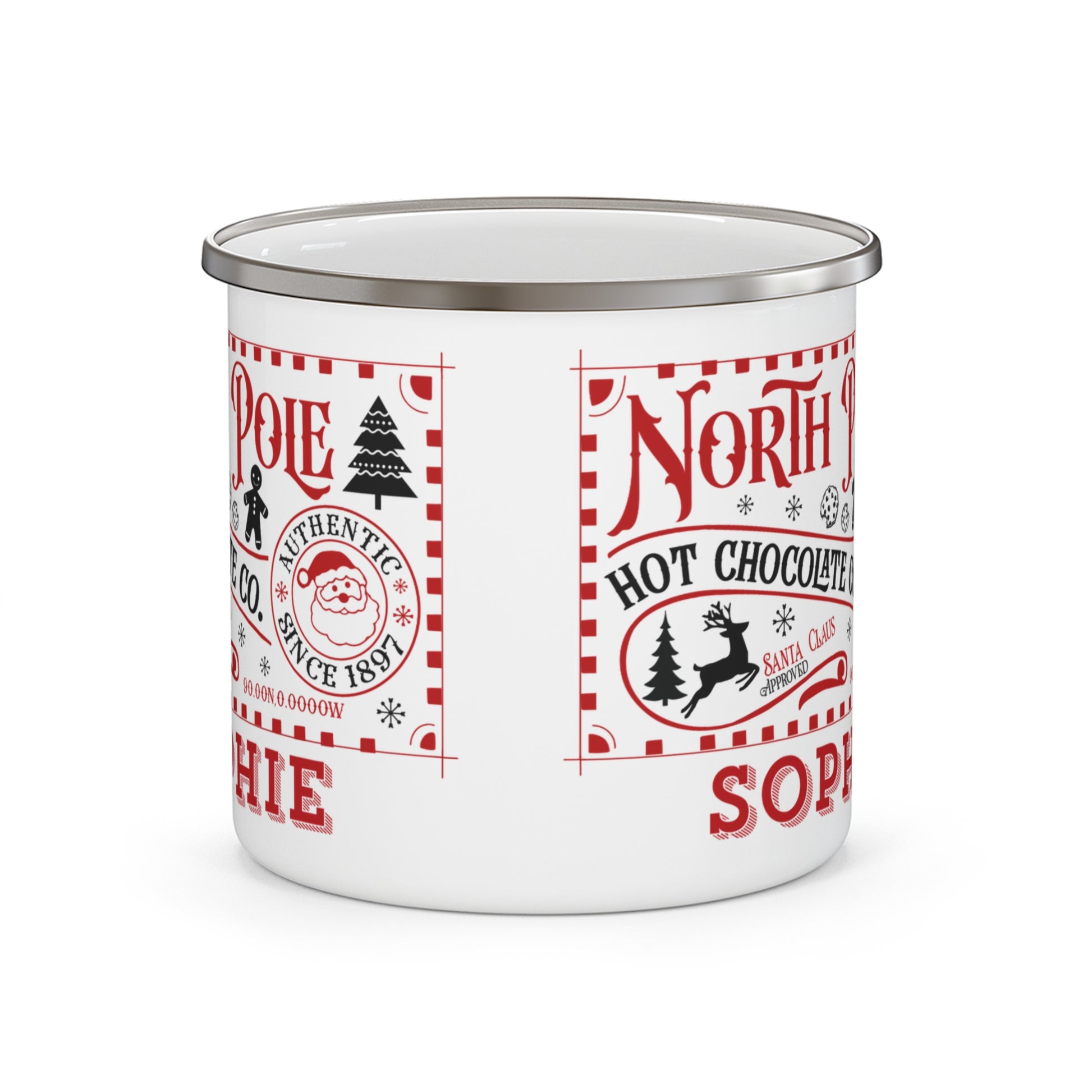 Personalised Children's Mug North Pole Hot Cocoa Enamel Mug front