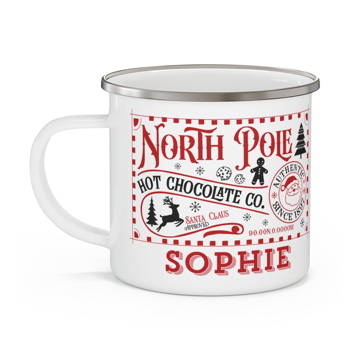 Left Personalised Children's Mug North Pole Hot Cocoa Enamel Mug