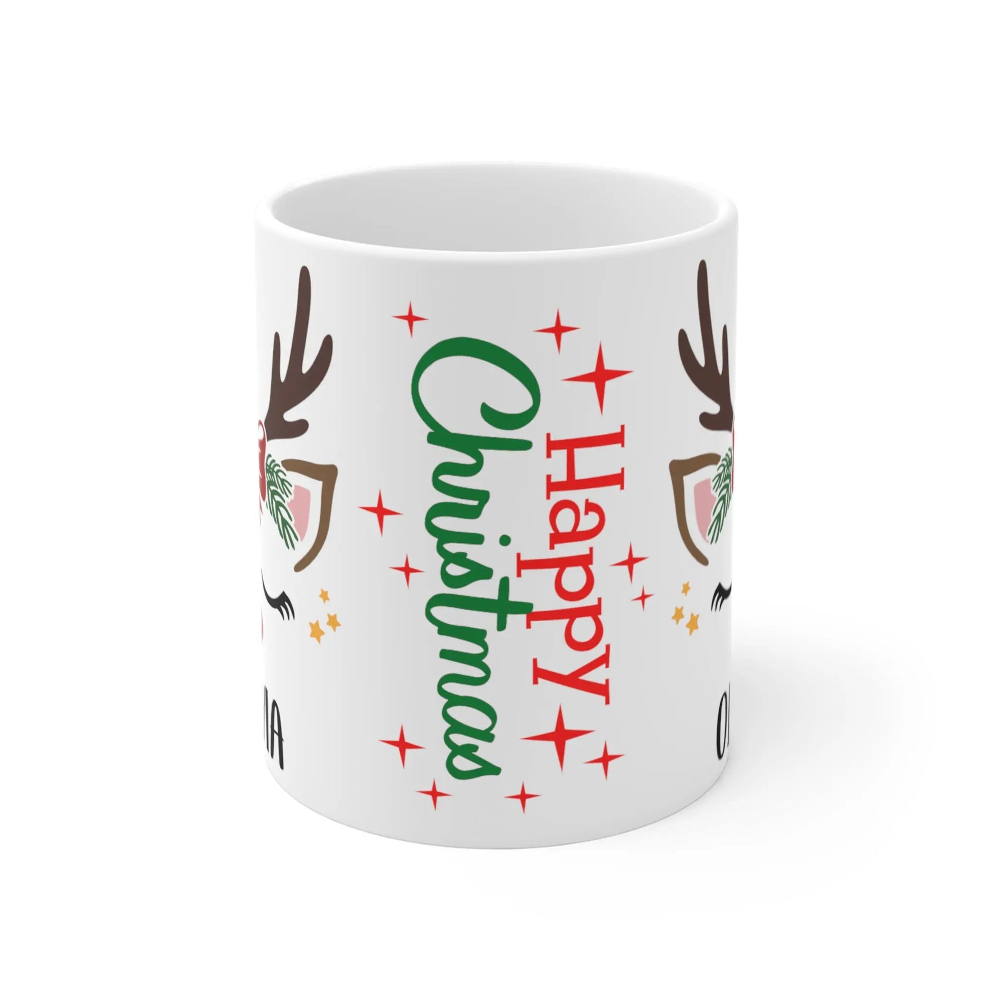 front Personalised Children's Christmas Mug Cute Reindeer