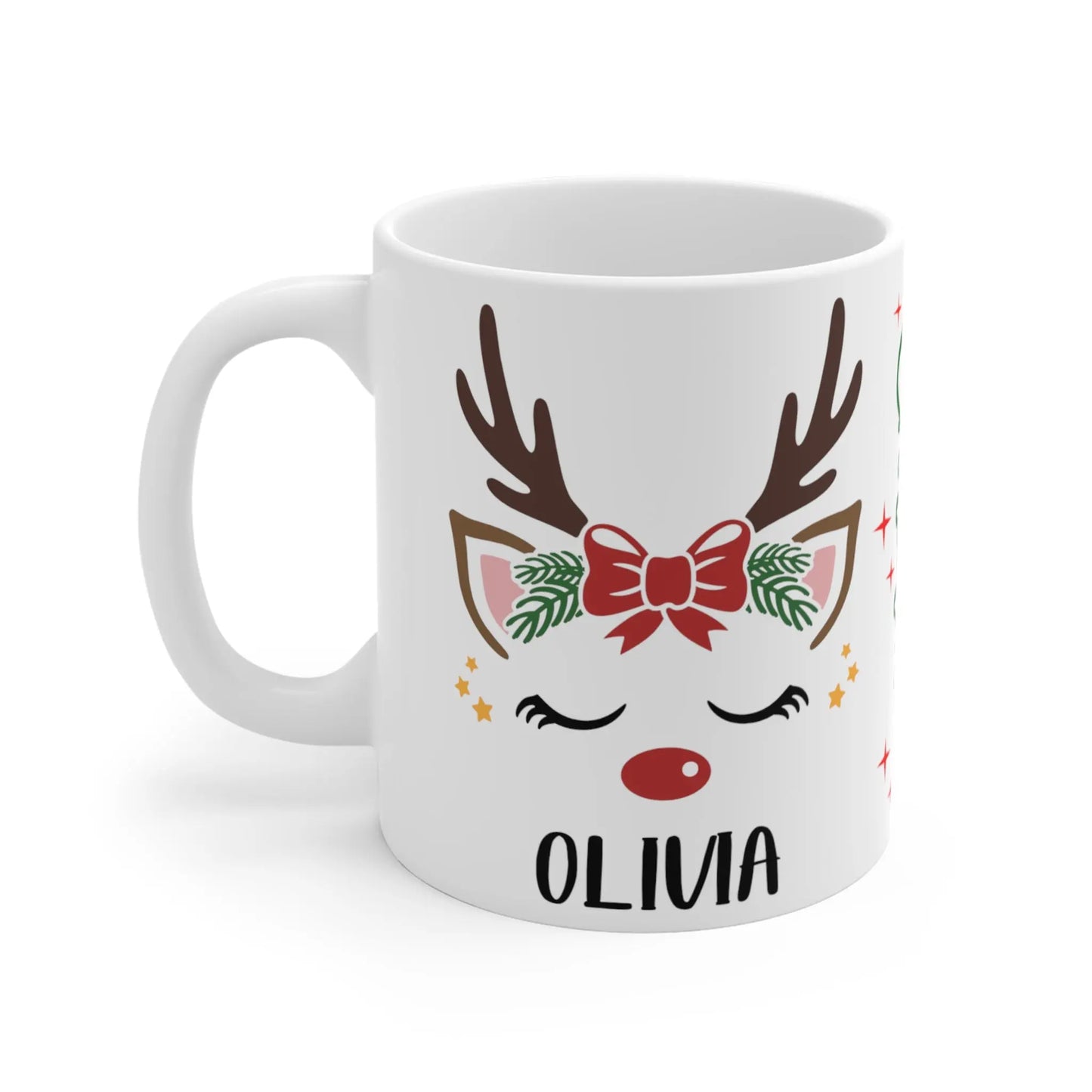 left side Personalised Children's Christmas Mug Cute Reindeer