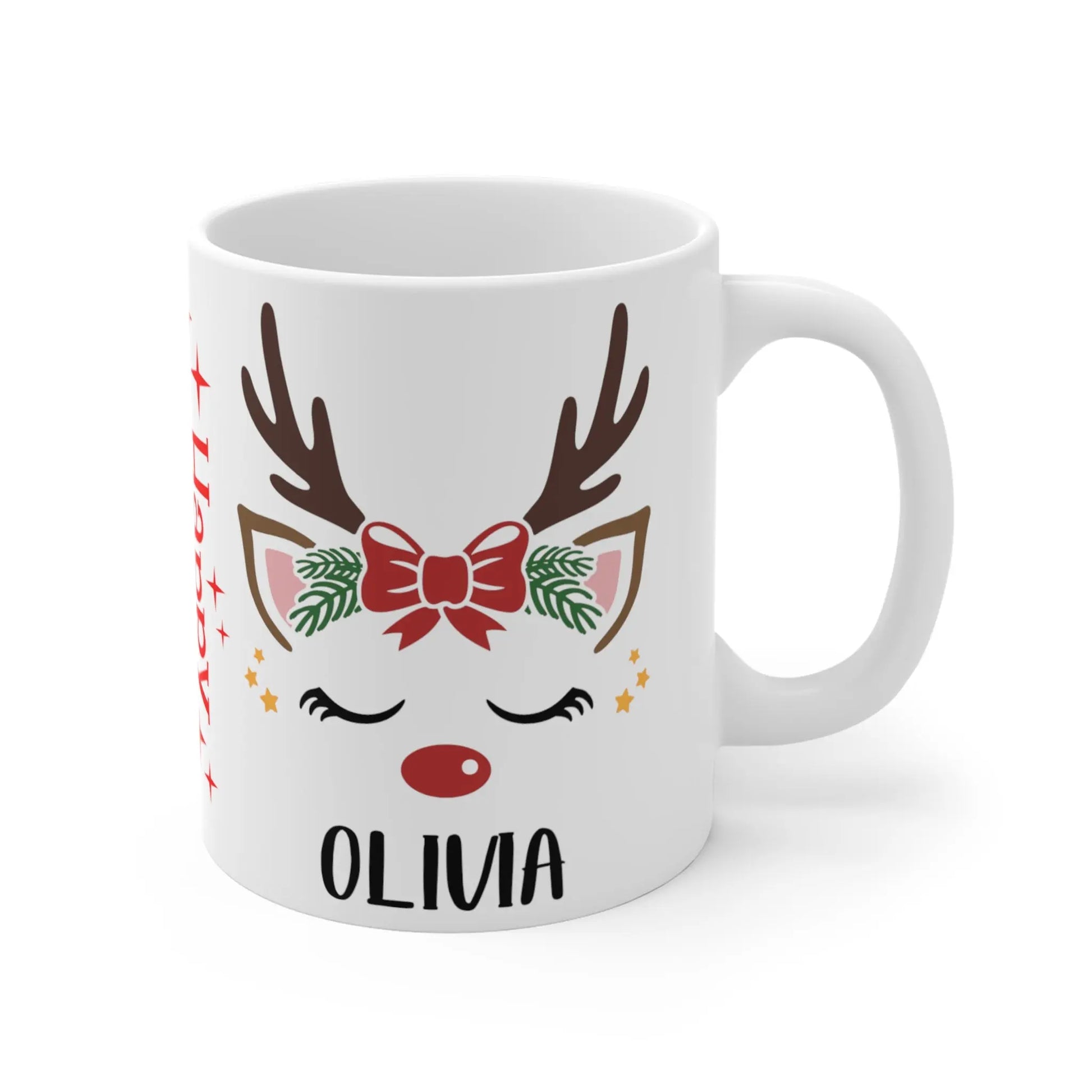 right side Personalised Children's Christmas Mug Cute Reindeer