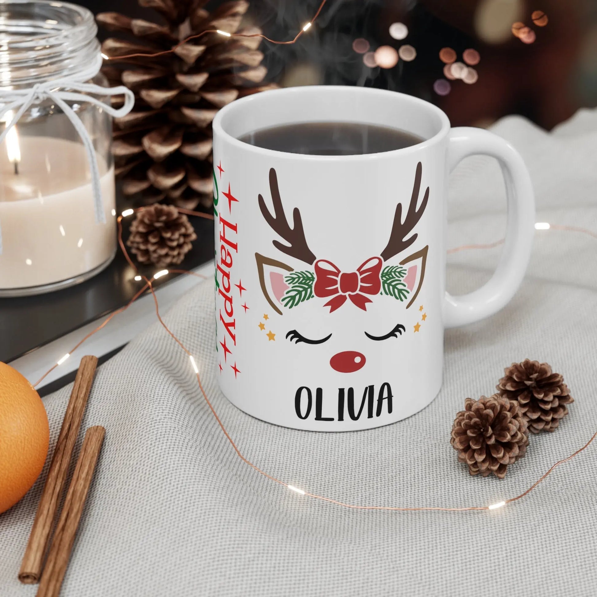 context Personalised Children's Christmas Mug Cute Reindeer