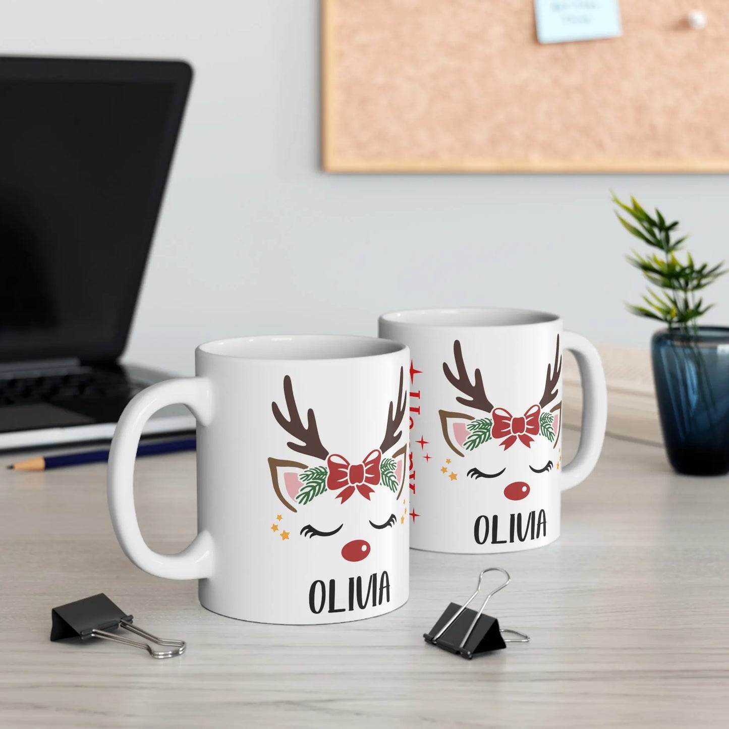 sides Personalised Children's Christmas Mug Cute Reindeer