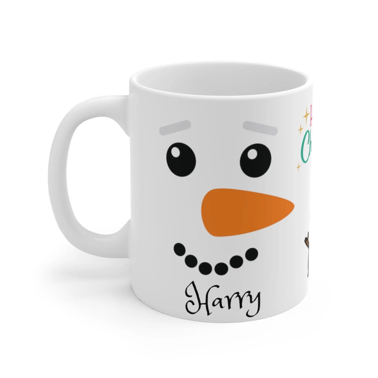 left side Personalised Children's Christmas Mug Cute Snowman Face