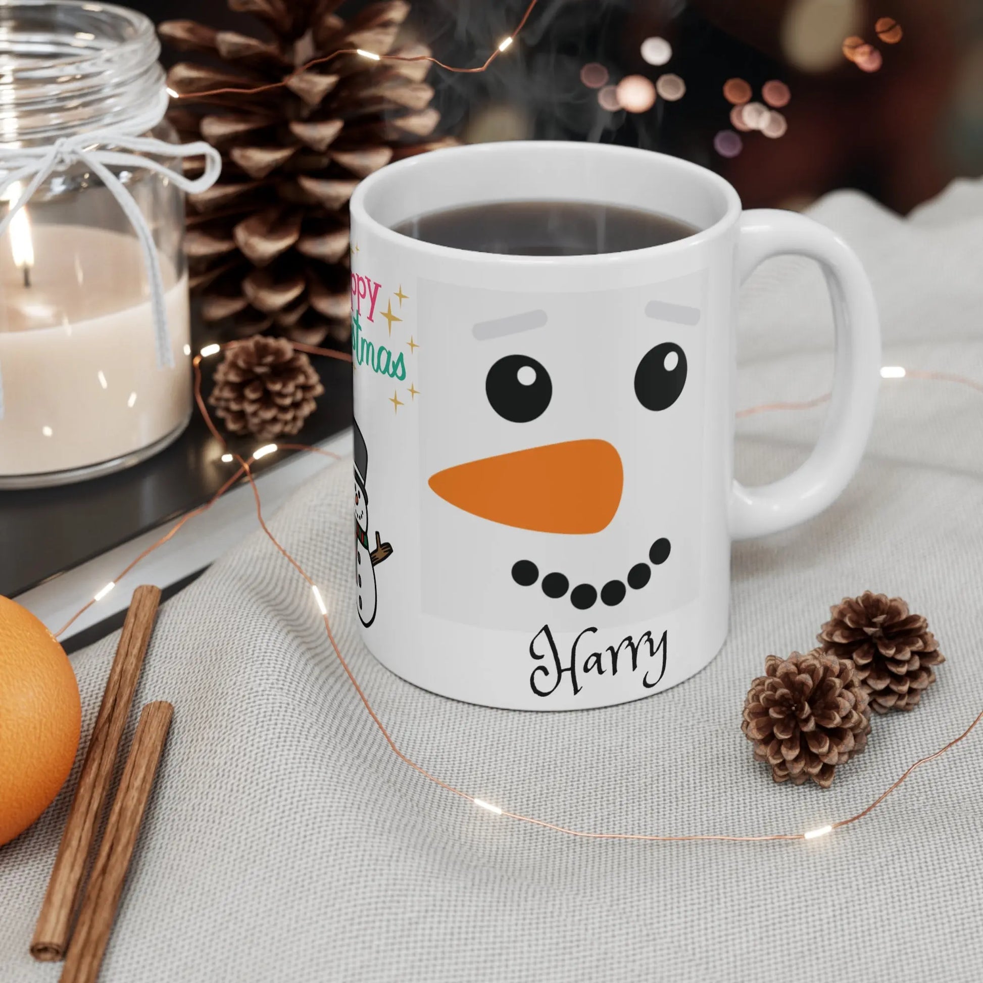 context Personalised Children's Christmas Mug Cute Snowman Face