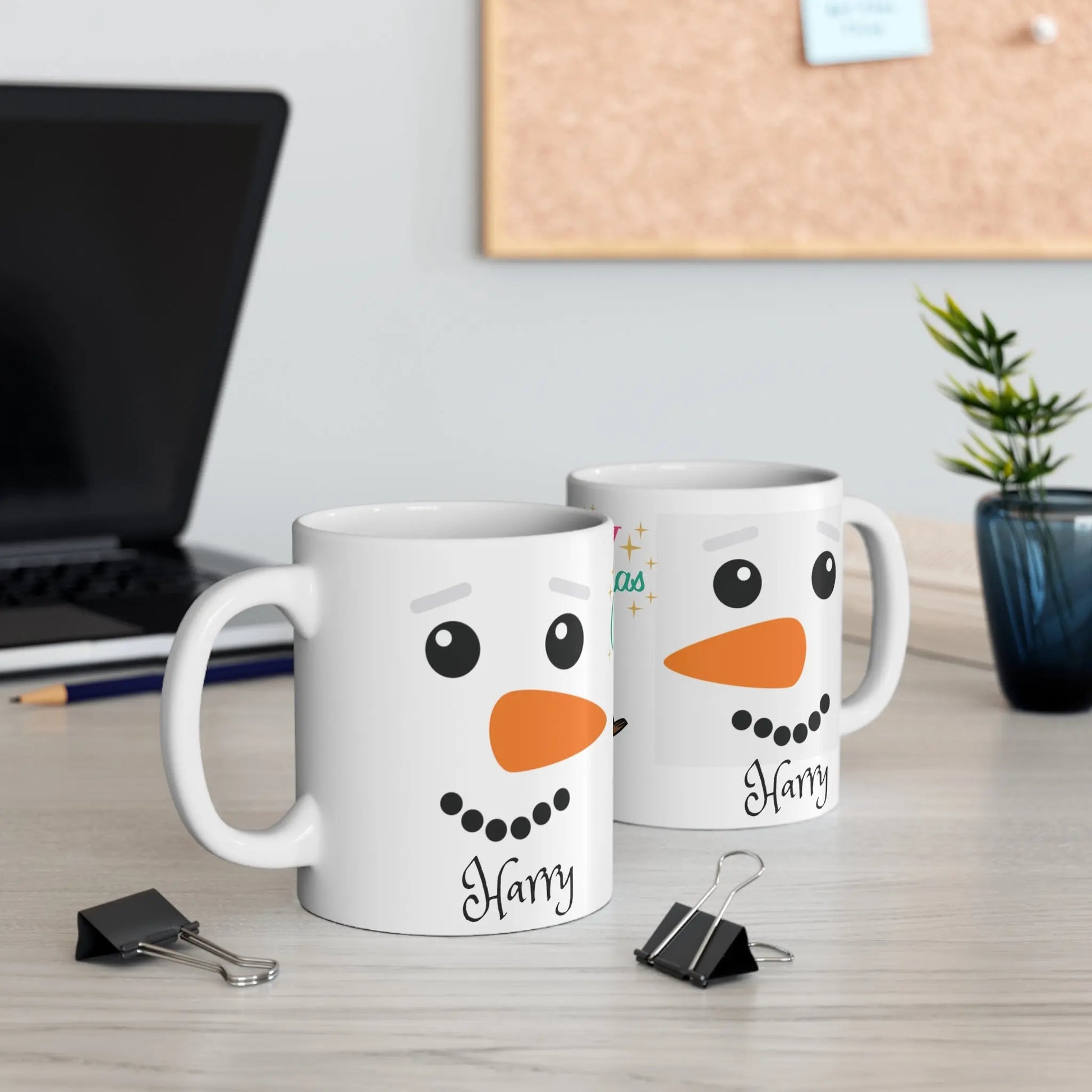 sides Personalised Children's Christmas Mug Cute Snowman Face