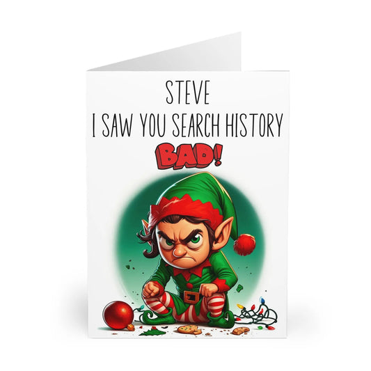 Personalised Angry Elf Christmas Card I Saw Your Search History