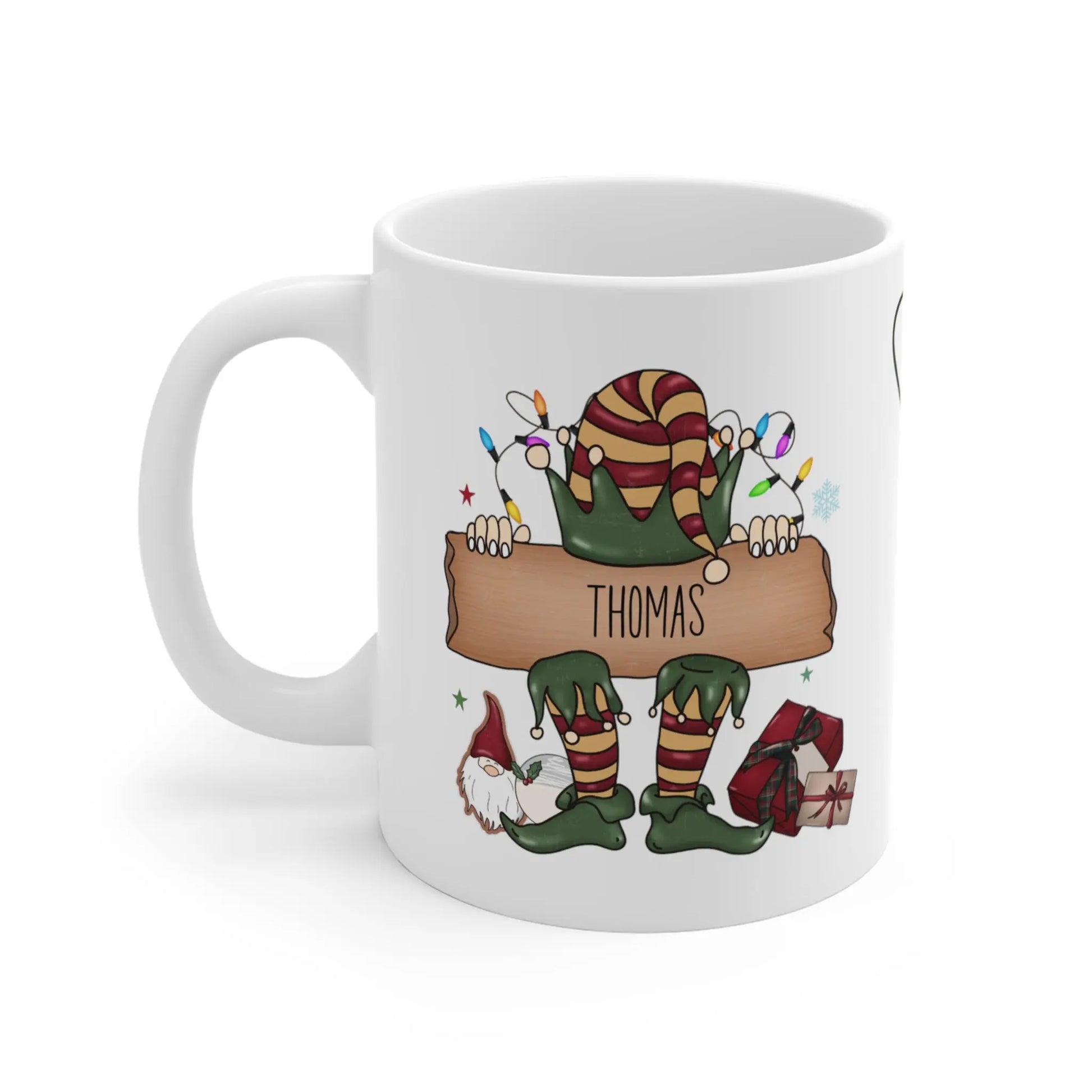 left side Personalised Christmas Mug Elf Sign Mug