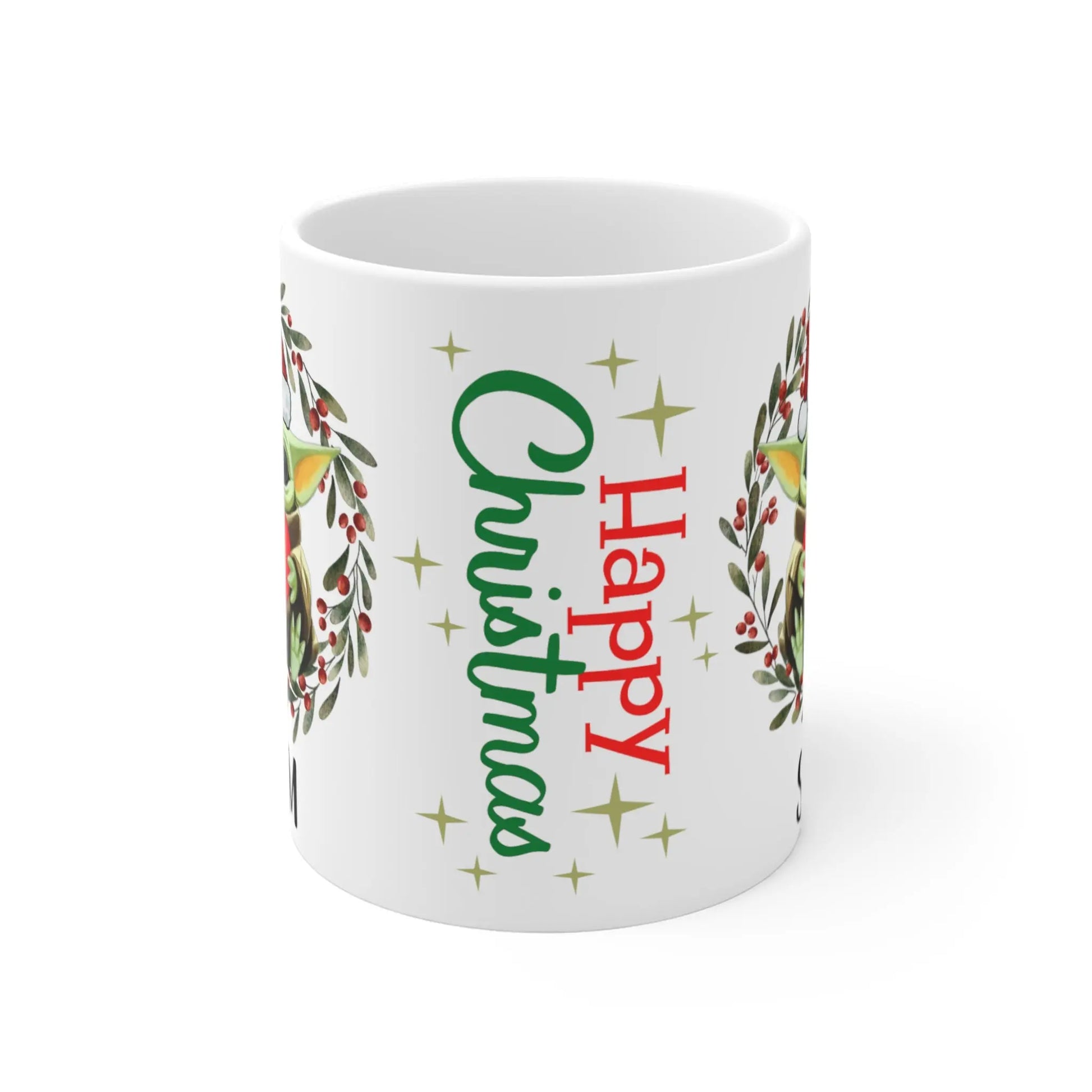 front of Personalised Christmas Mug Baby Yoda Happy Christmas