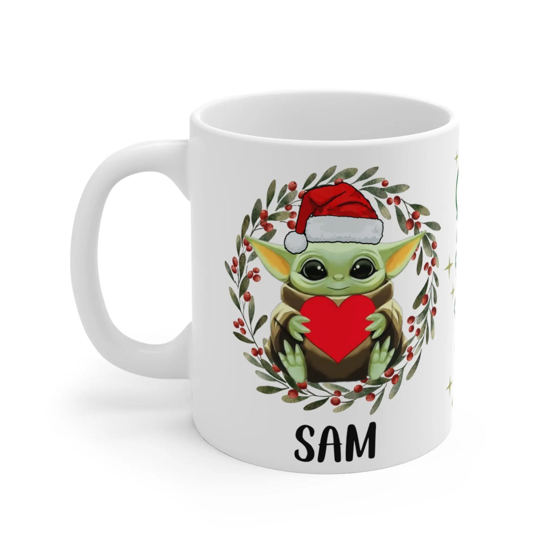 left side Personalised Christmas Mug Baby Yoda Happy Christmas