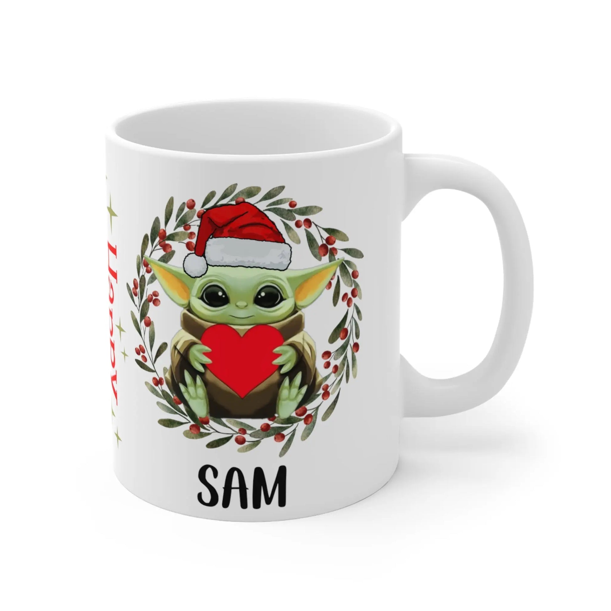 right side Personalised Christmas Mug Baby Yoda Happy Christmas