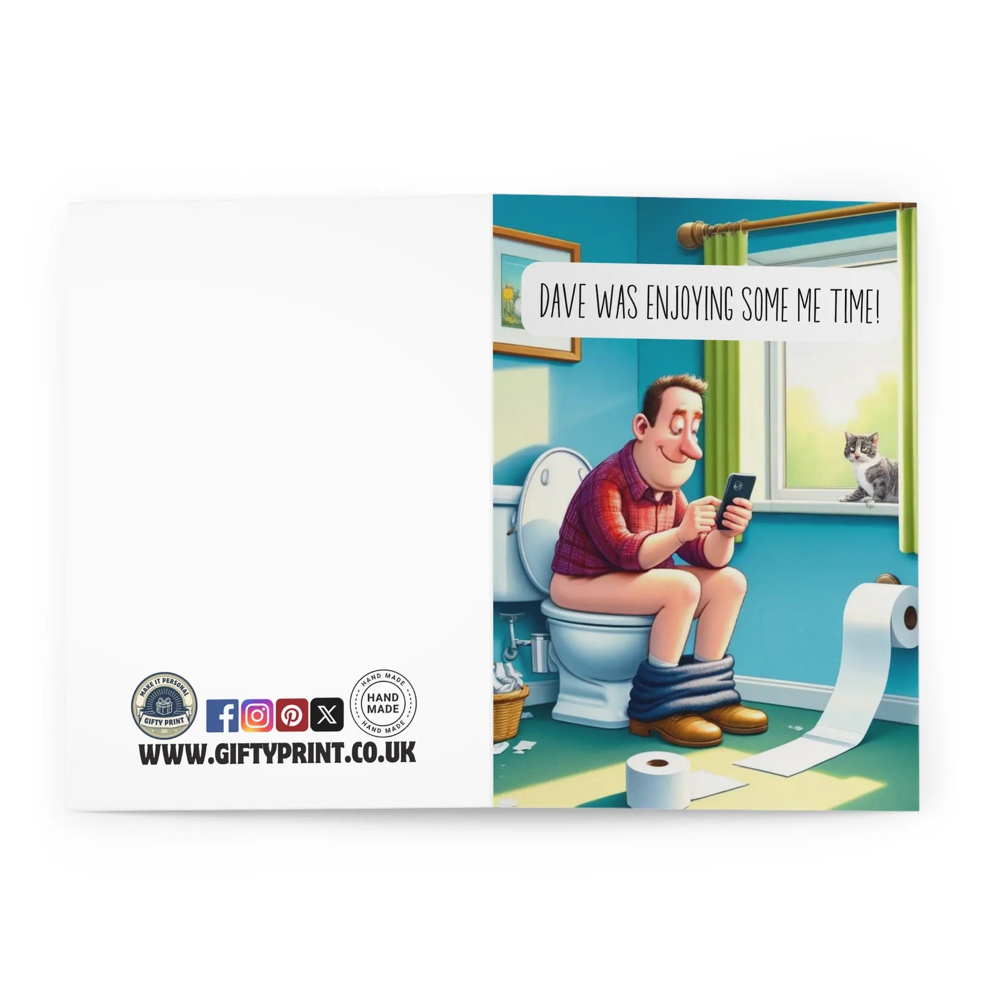 Open View Of Personalised Funny Birthday Card Man On Toilet With Phone