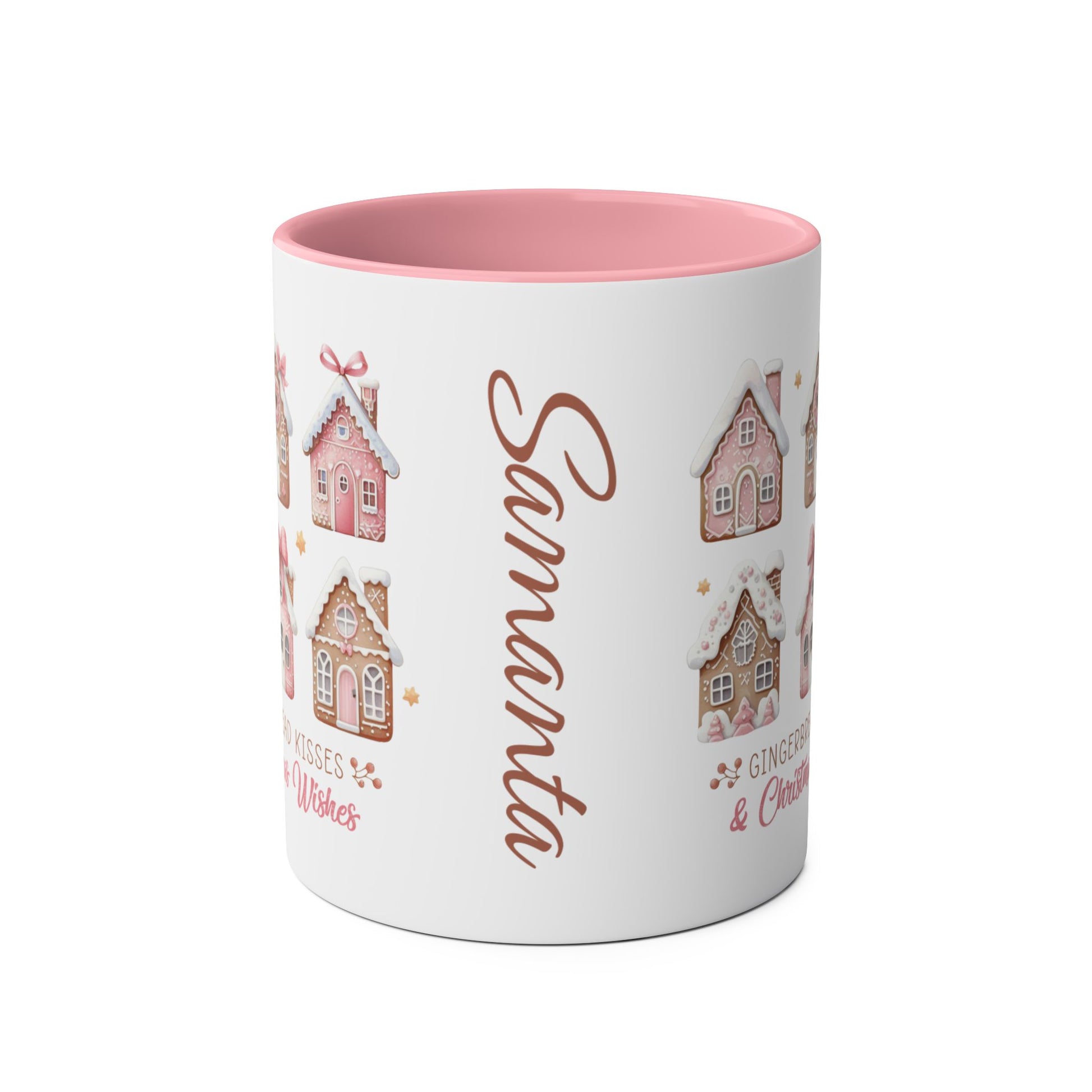 Front Personalised Gingerbread Kiss & Christmas Wishes Pink Christmas Mug