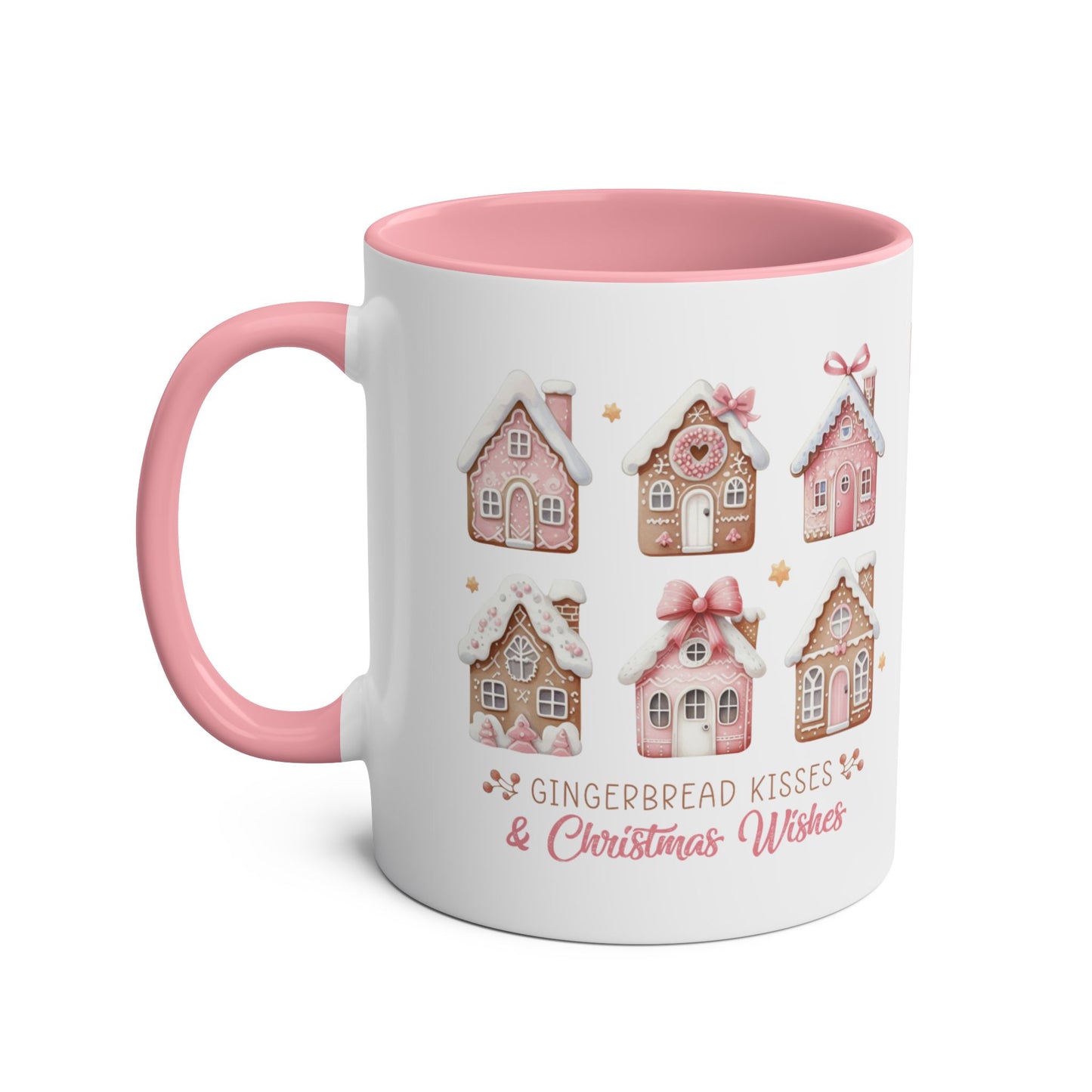 Left Personalised Gingerbread Kiss & Christmas Wishes Pink Christmas Mug