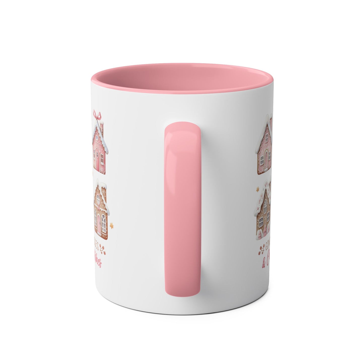 Handle Personalised Gingerbread Kiss & Christmas Wishes Pink Christmas Mug