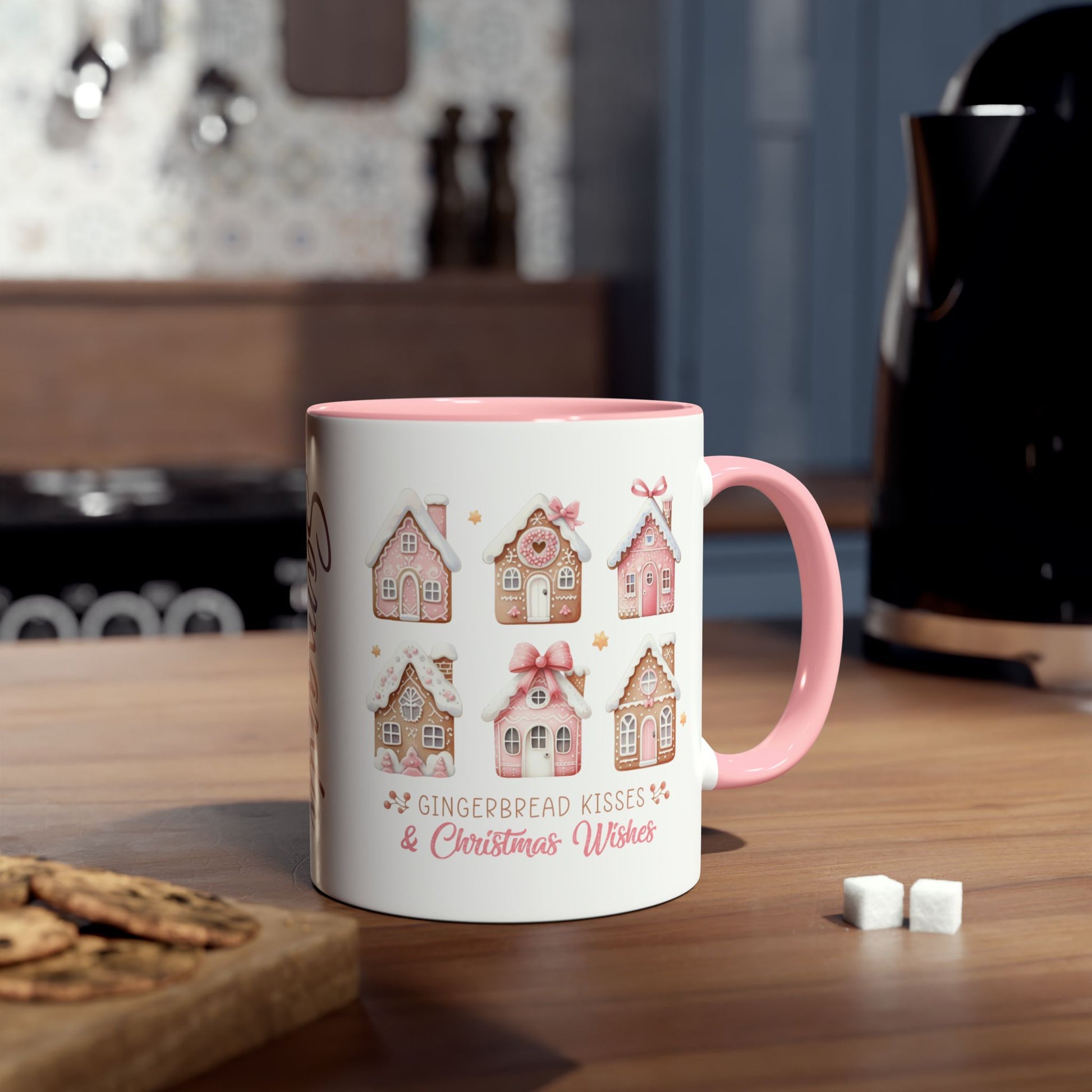 Context Personalised Gingerbread Kiss & Christmas Wishes Pink Christmas Mug