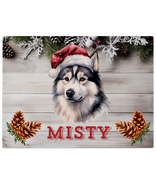 Personalised Huskey Dog Christmas Glass Chopping Board