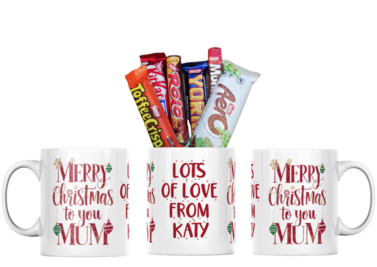 Personalised Mum Christmas Mug With Chocolate Bars