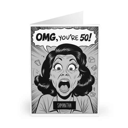 front Personalised OMG You're 50 Shocked Woman Birthday Card