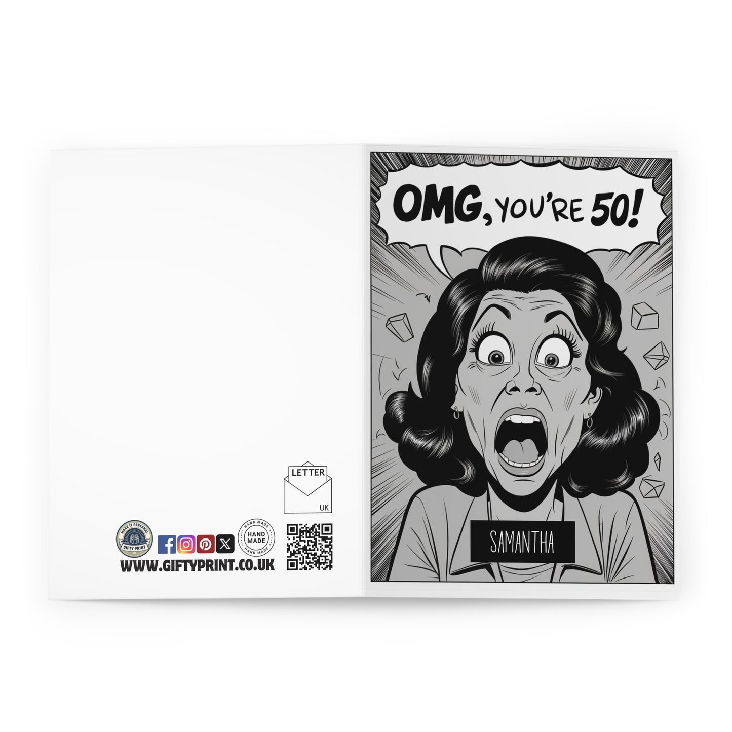 Open Personalised OMG You're 50 Shocked Woman Birthday Card