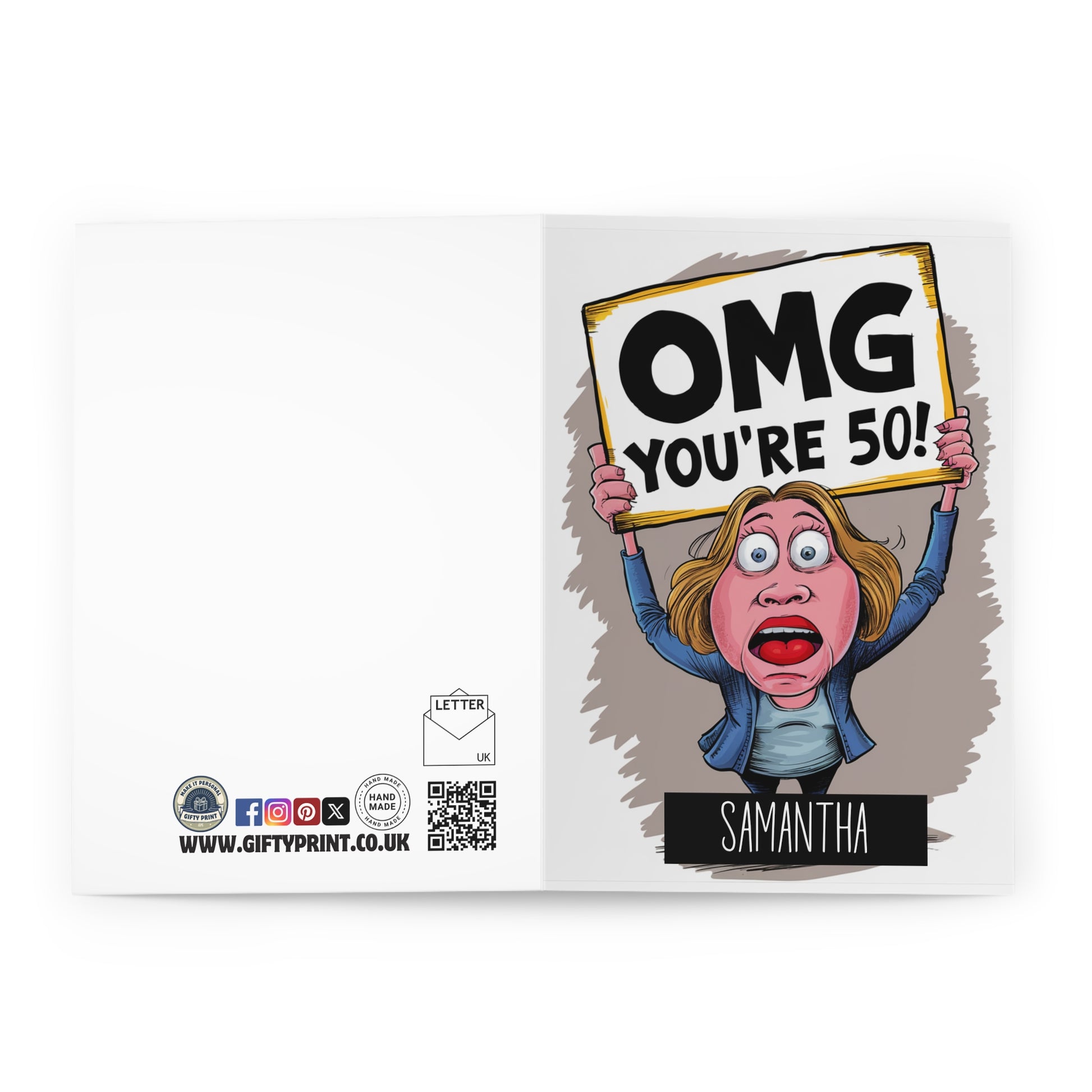 Open Personalised OMG You're 50 Funny Woman Holding Sign 50th