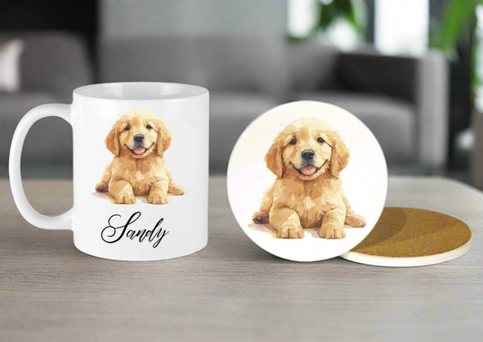 Personalised Golden Retriever Ceramic Mug & Coaster Gift Set