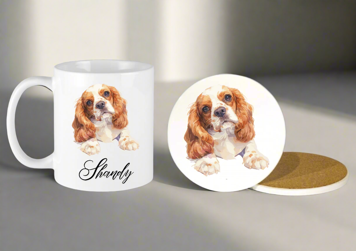 Personalised King Charles Spaniel Ceramic Mug & Coaster Gift Set