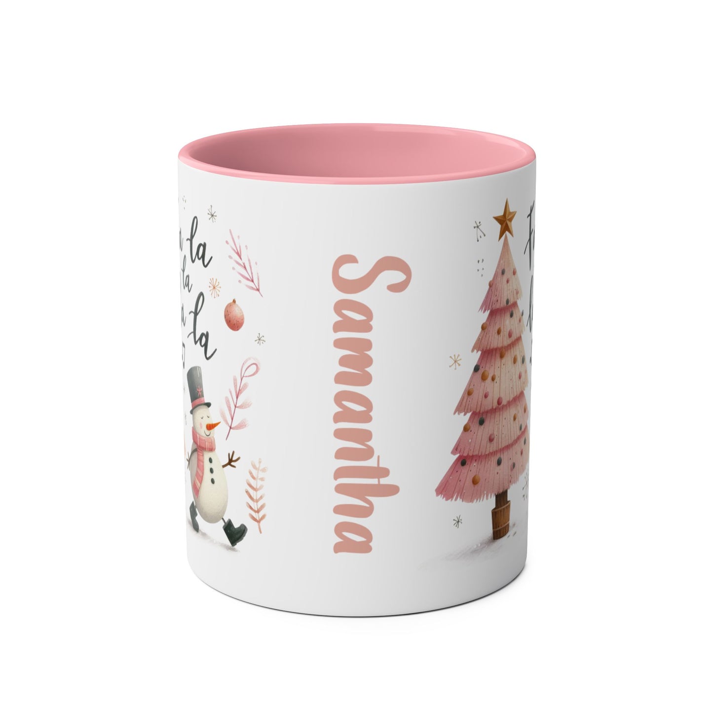 Front side Personalised Pink Christmas Mug Snowman Fa La La