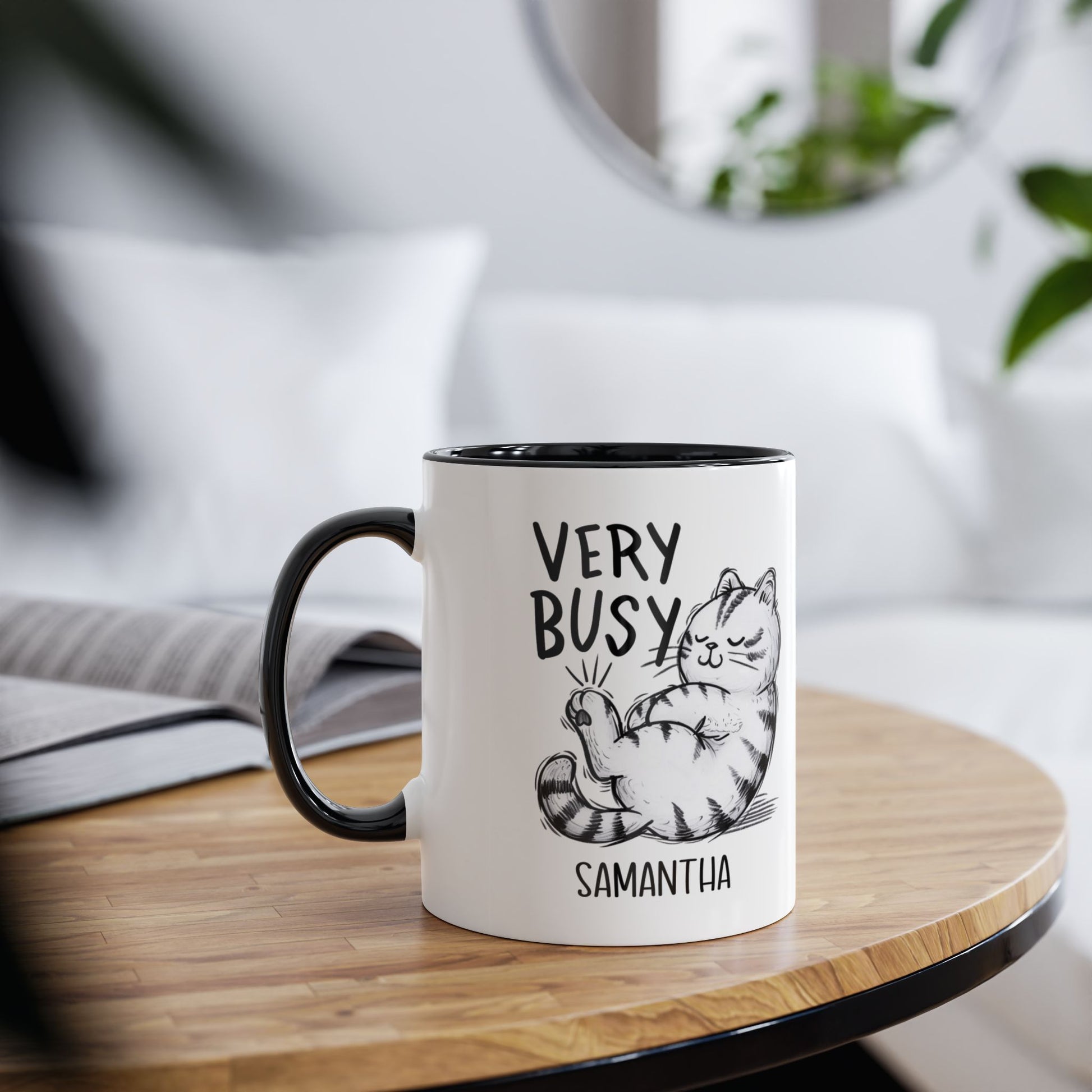 Context Personalised Very Busy Funny Cat Mug Black