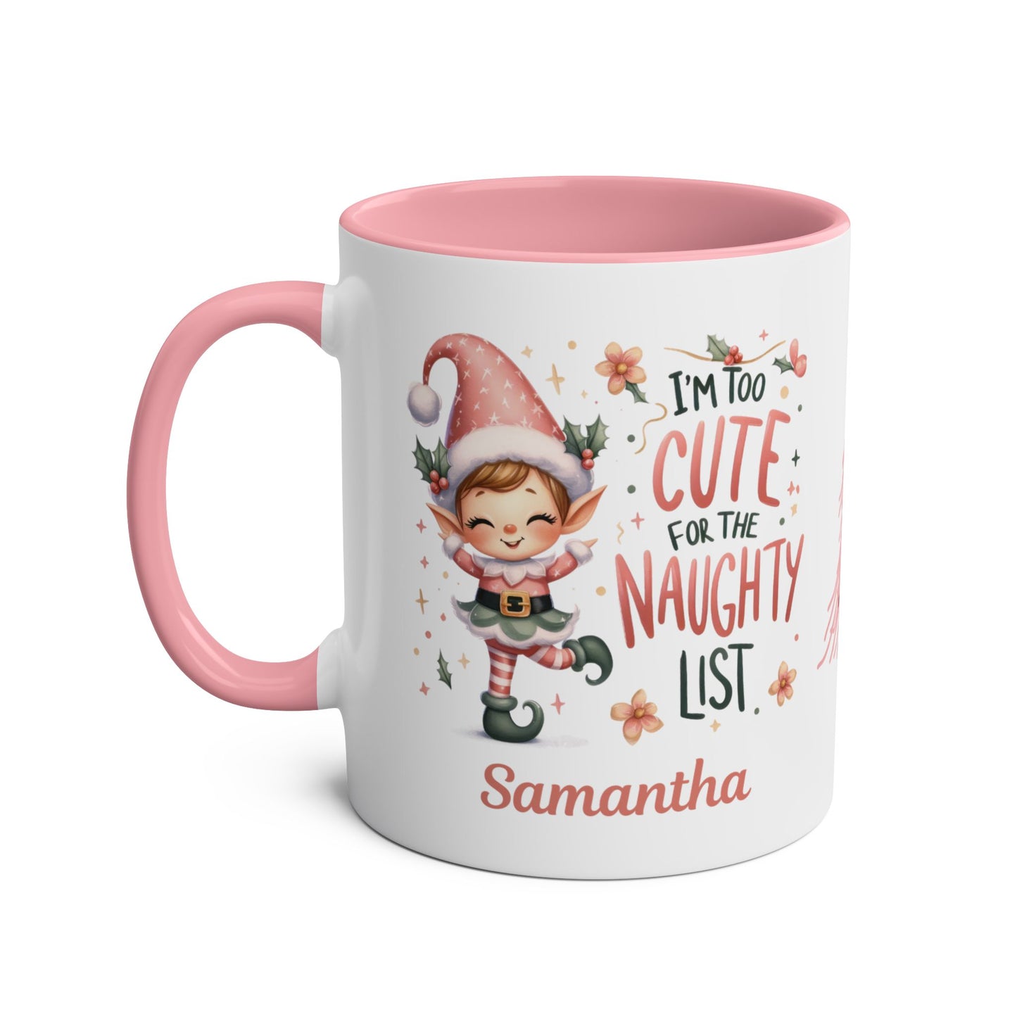 Left side Pink Christmas Personalised Mug I'm Too Cute For The Naughty List