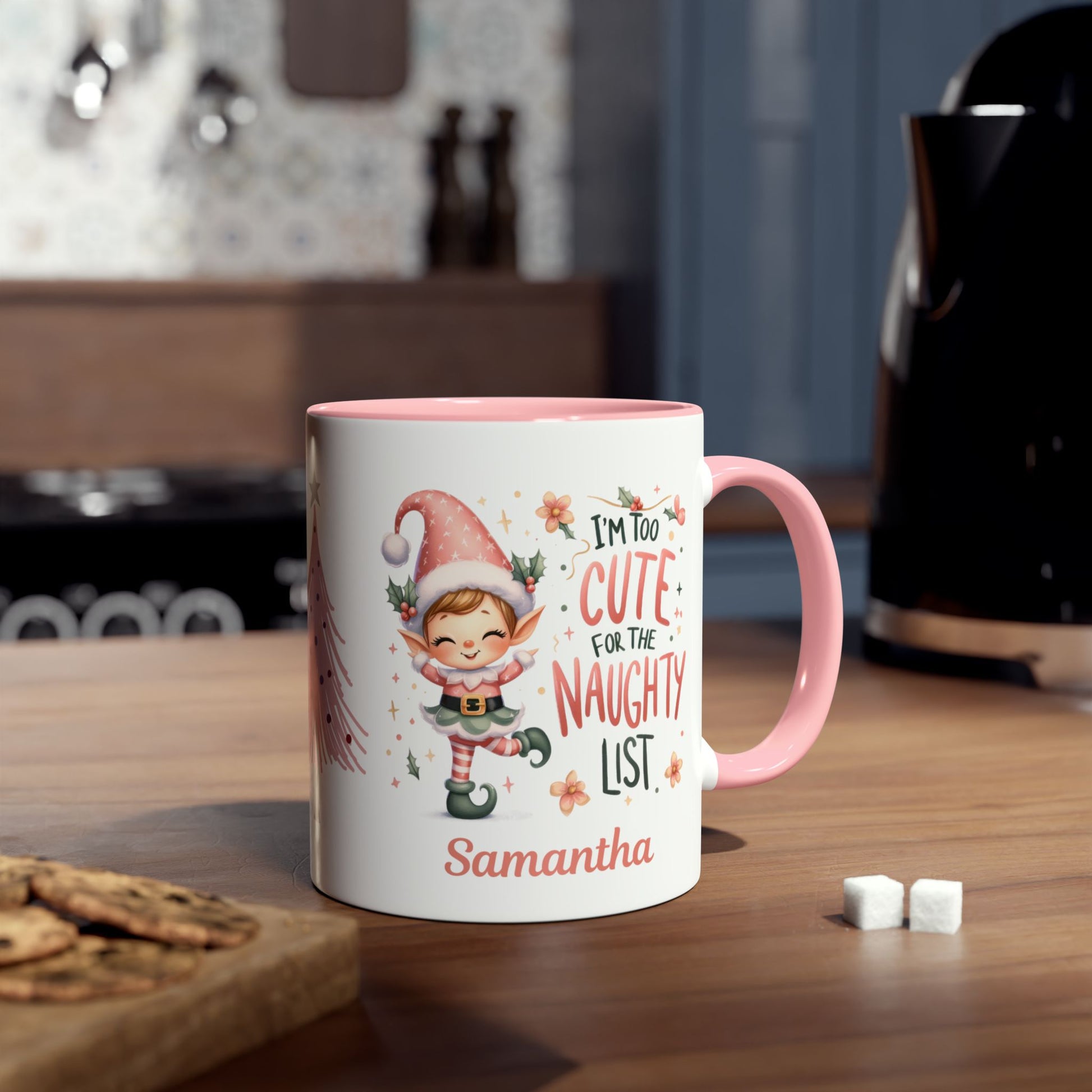 Context Pink Christmas Personalised Mug I'm Too Cute For The Naughty List