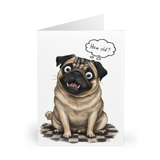 Front Shocked Pug Dog How Old? Birthday Card