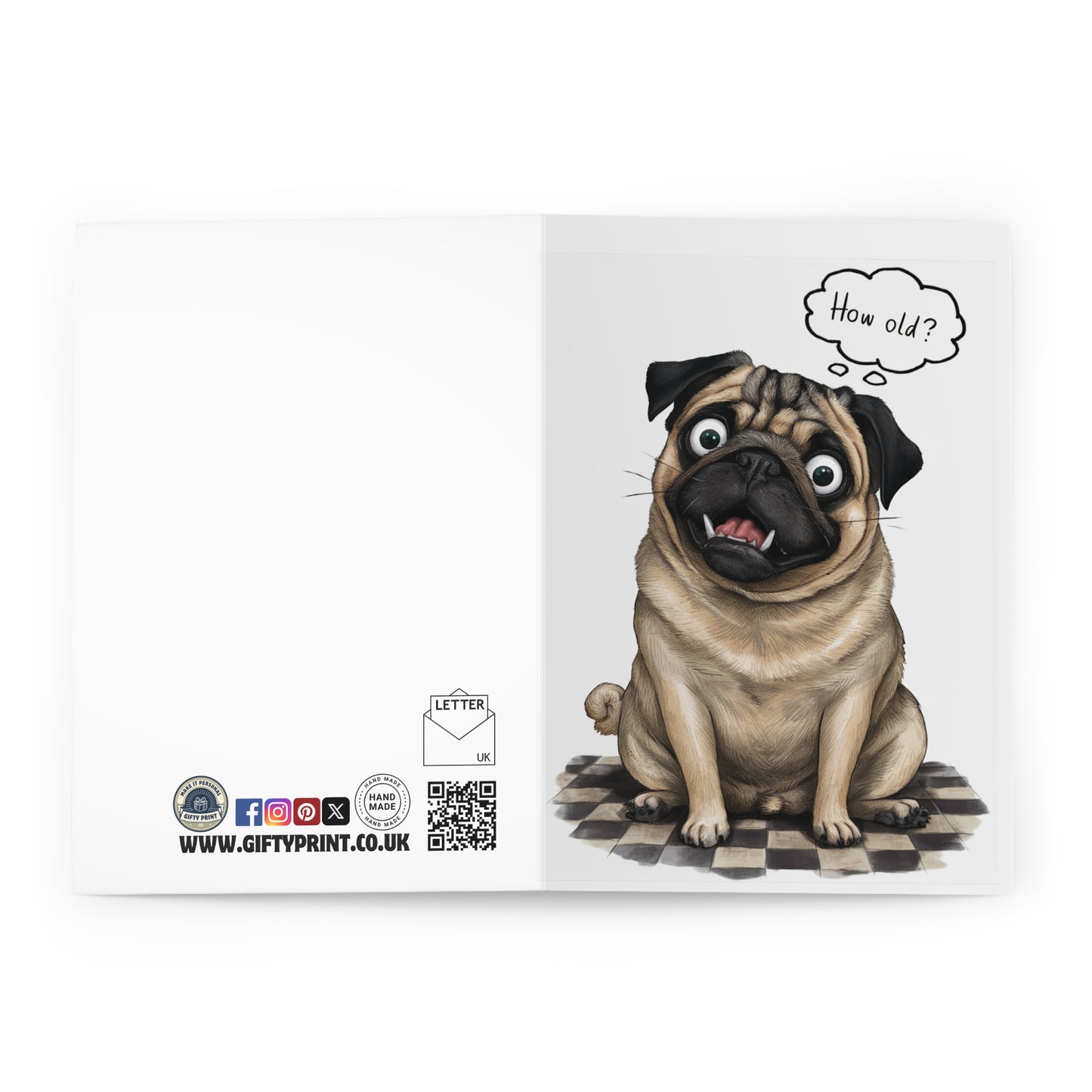 Open Shocked Pug Dog How Old? Birthday Card