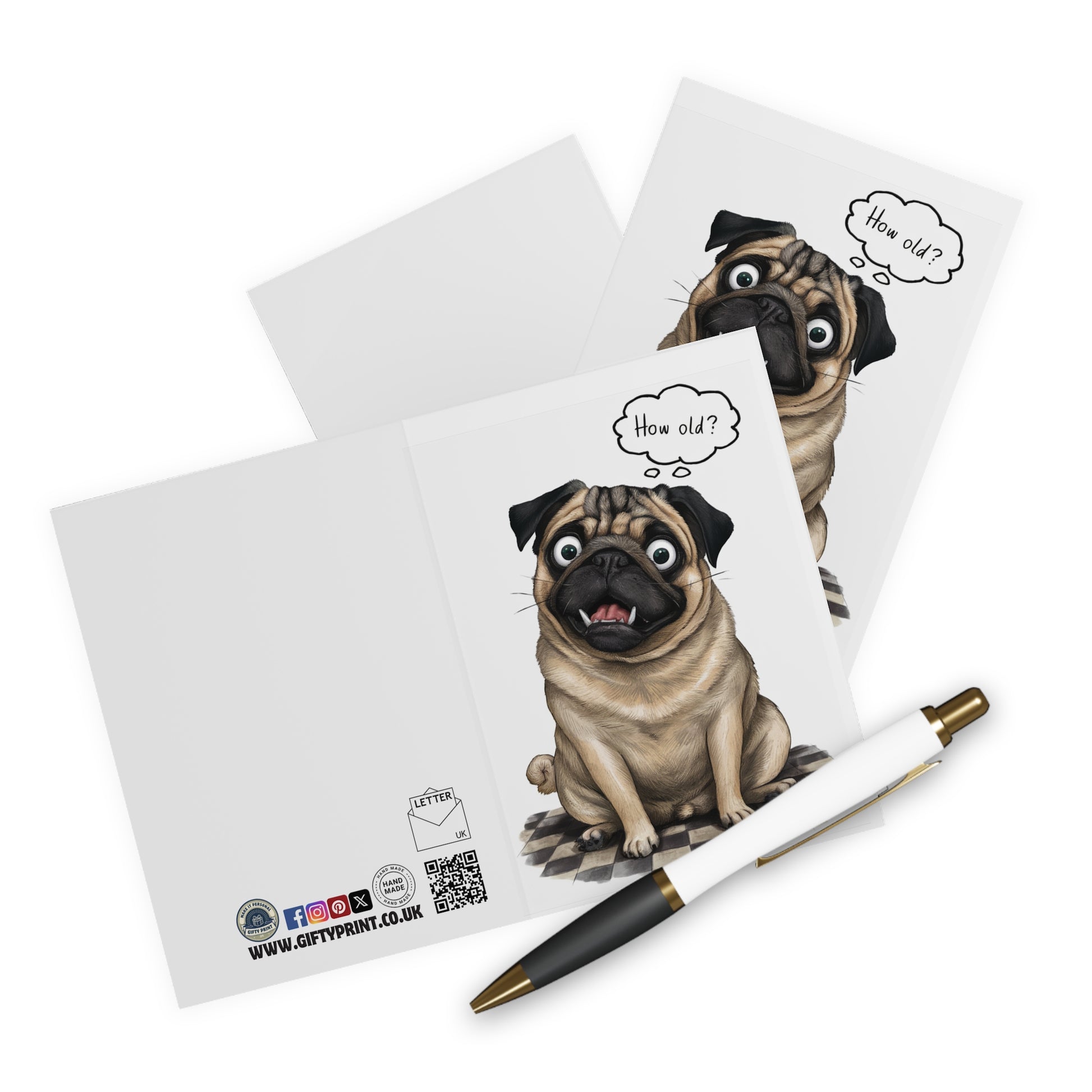 Context Shocked Pug Dog How Old? Birthday Card