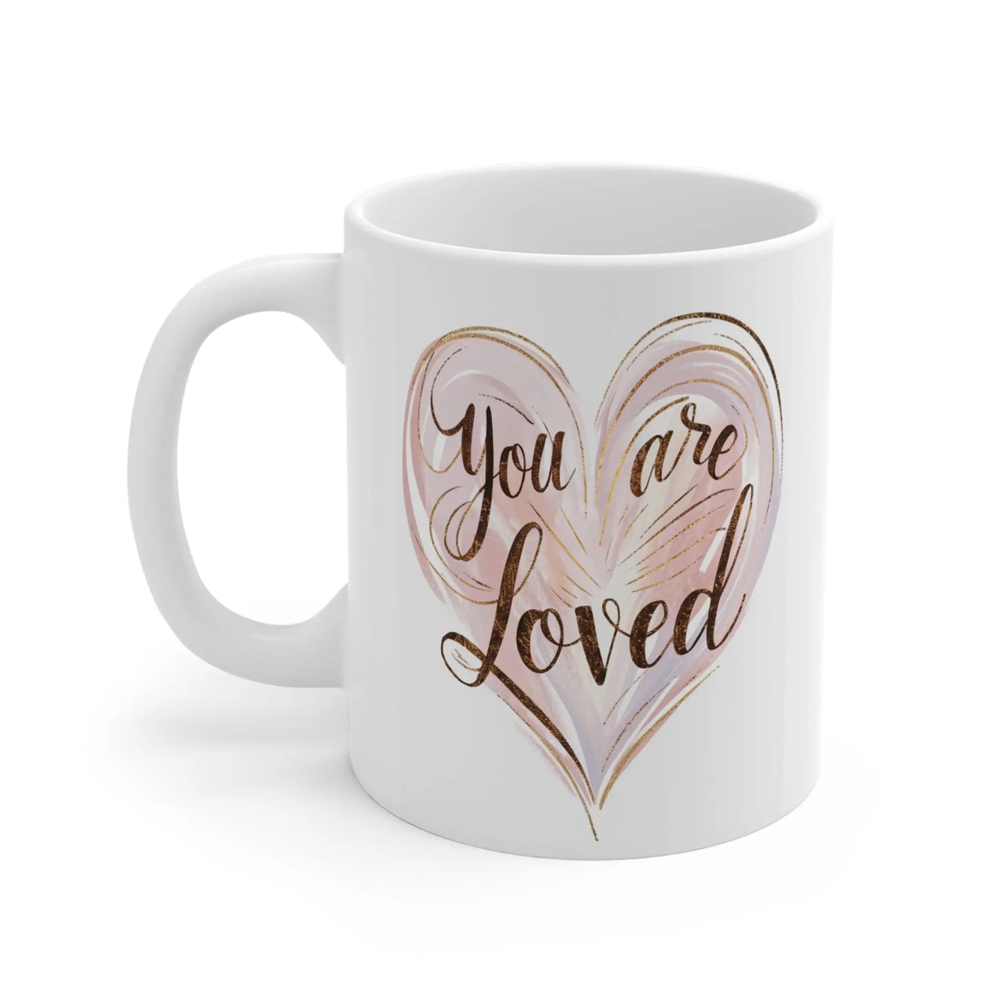 left side Valentines Day Mug You Are Loved Pink Heart