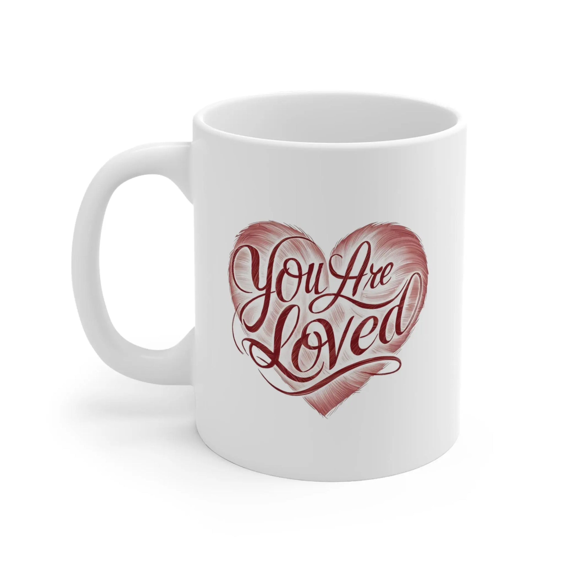 left side Valentines Day Mug You Are Loved Red Heart