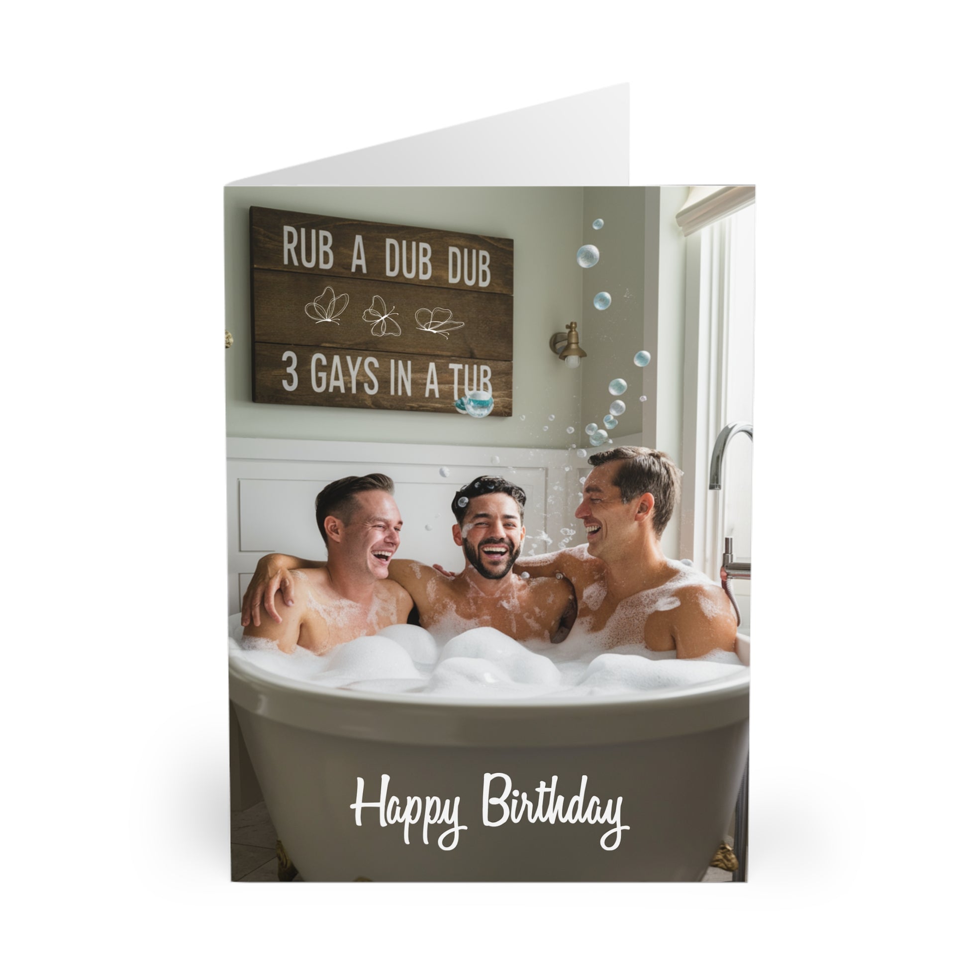 Gay Birthday Card Rub A Dub Dub 3 Gays In A Tub Front