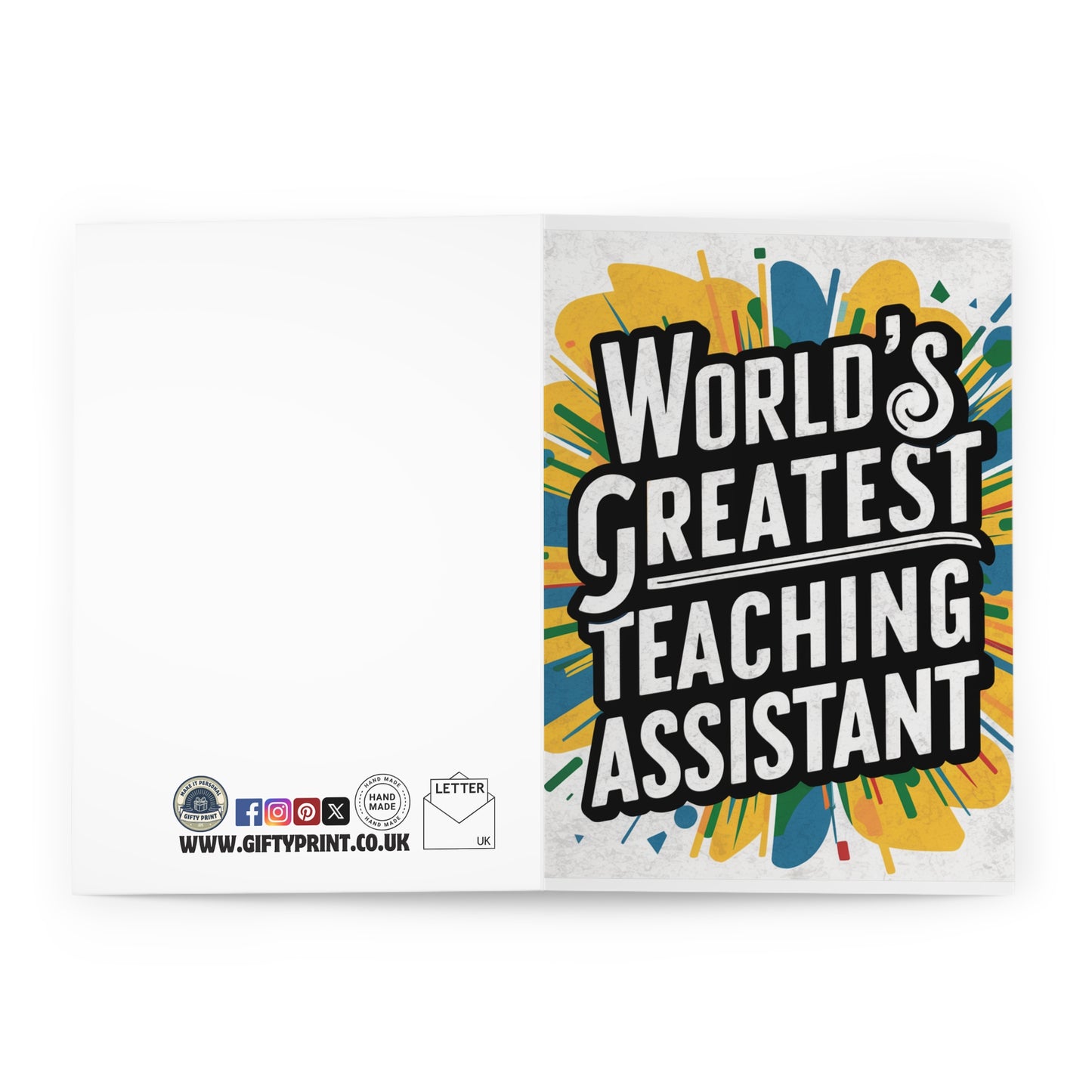 open view Worlds Greatest Teaching Assistant Card Yellow & Blue