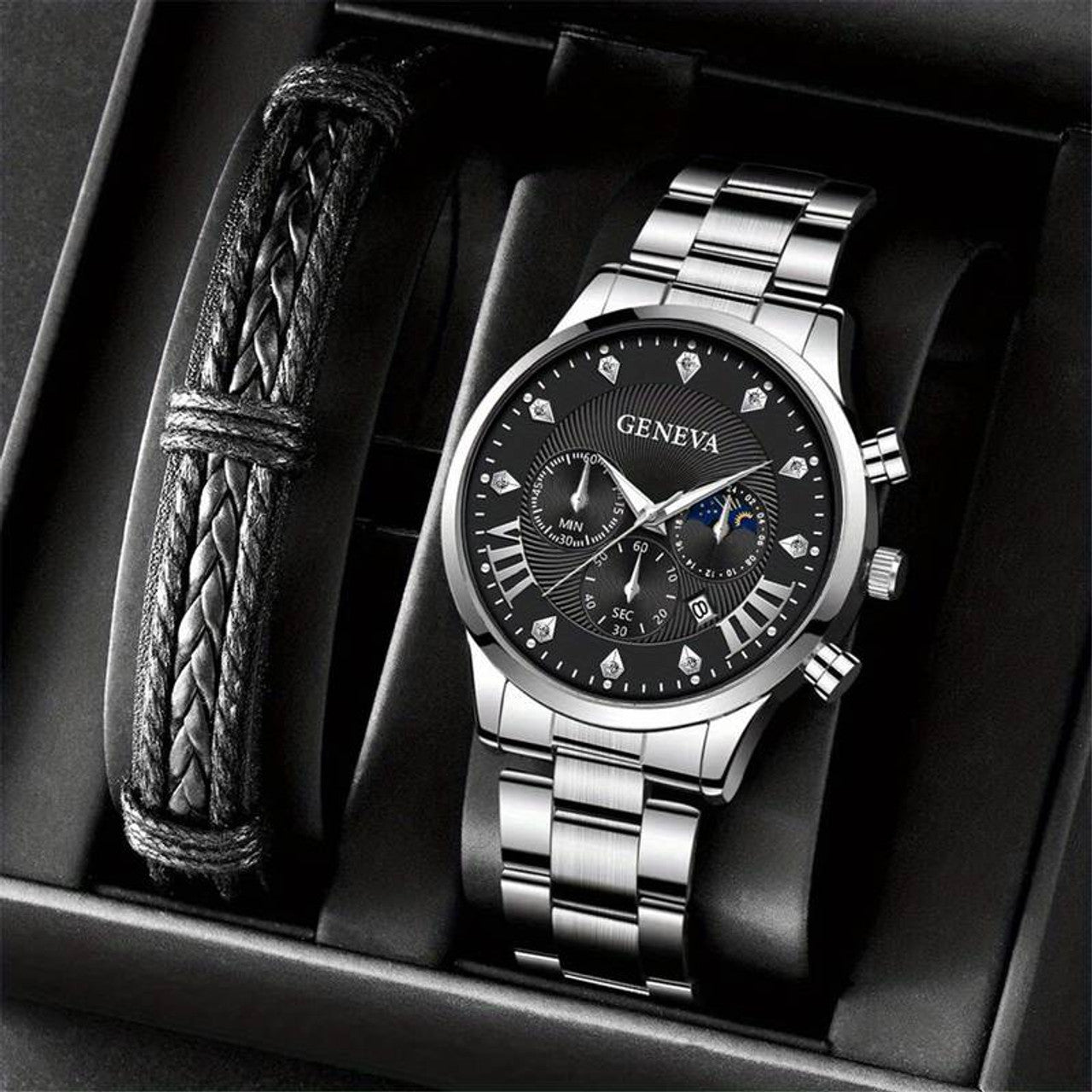 Men's Stainless Steel Alloy Watch & Bracelet 2 Piece Gift Set