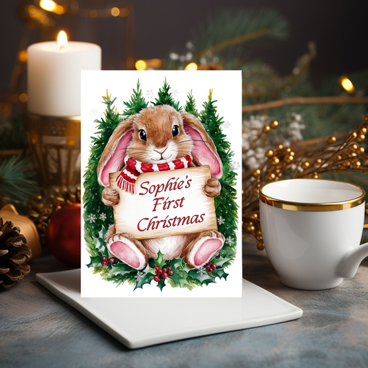 Personalised Babies First Christmas Card Cute Rabbit