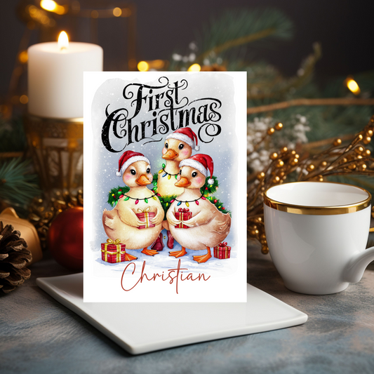 Personalised Babies First Christmas Cute Ducks Christmas Card