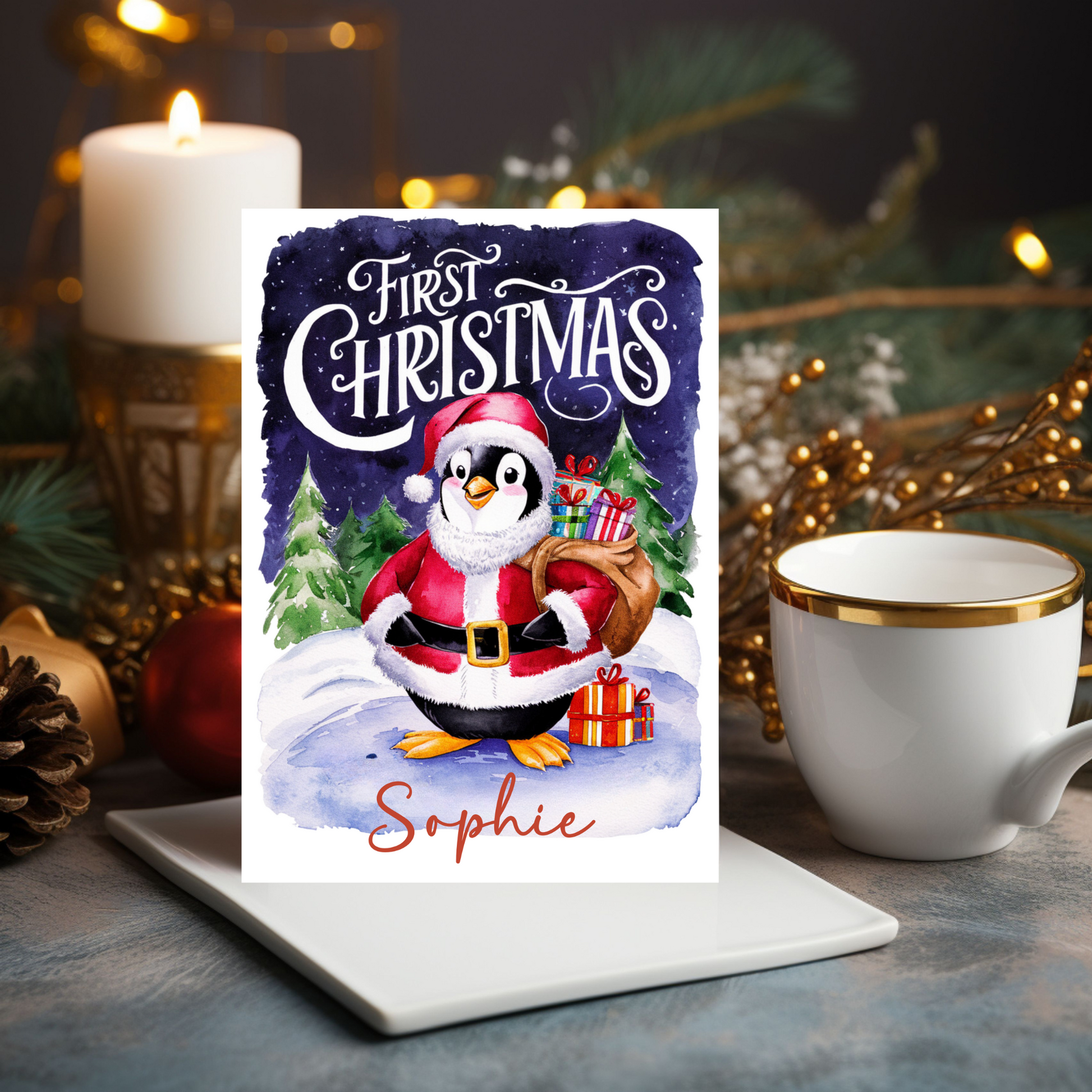 Personalised Babies First Christmas Card Cute Santa Penguin