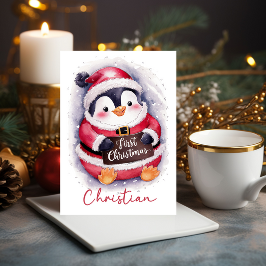 Personalised Babies First Christmas Card Cute Penguin