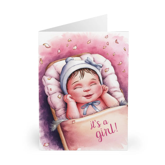 close up of New Baby Girl Card It's A Girl Cute Pink Cot