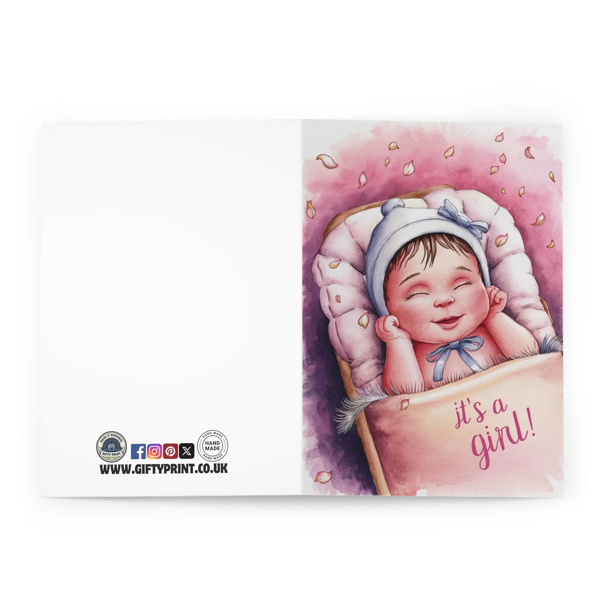 open view of New Baby Girl Card It's A Girl Cute Pink Cot