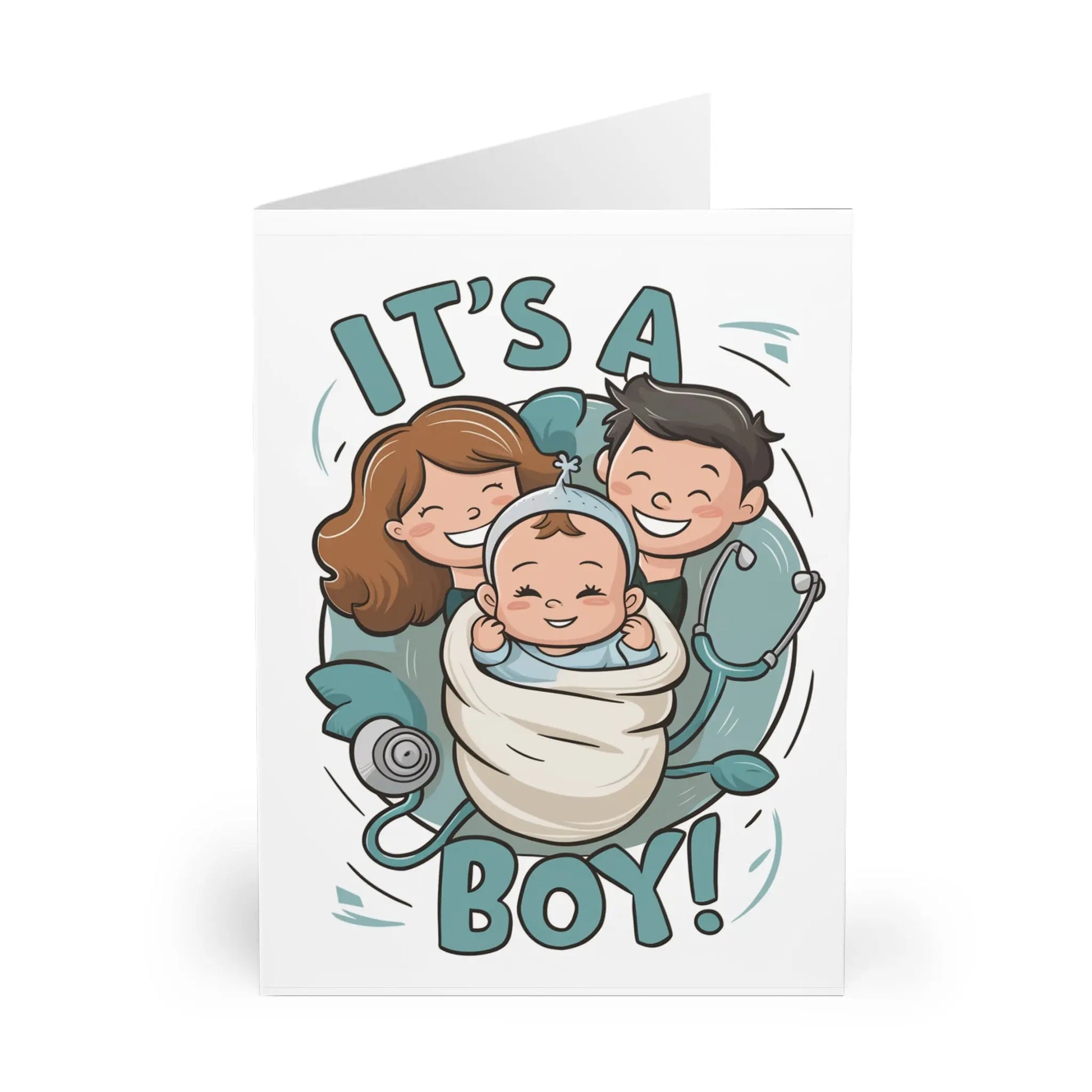 close up view of New Baby Boy Card It's A Boy Cute Mom Dad & Baby