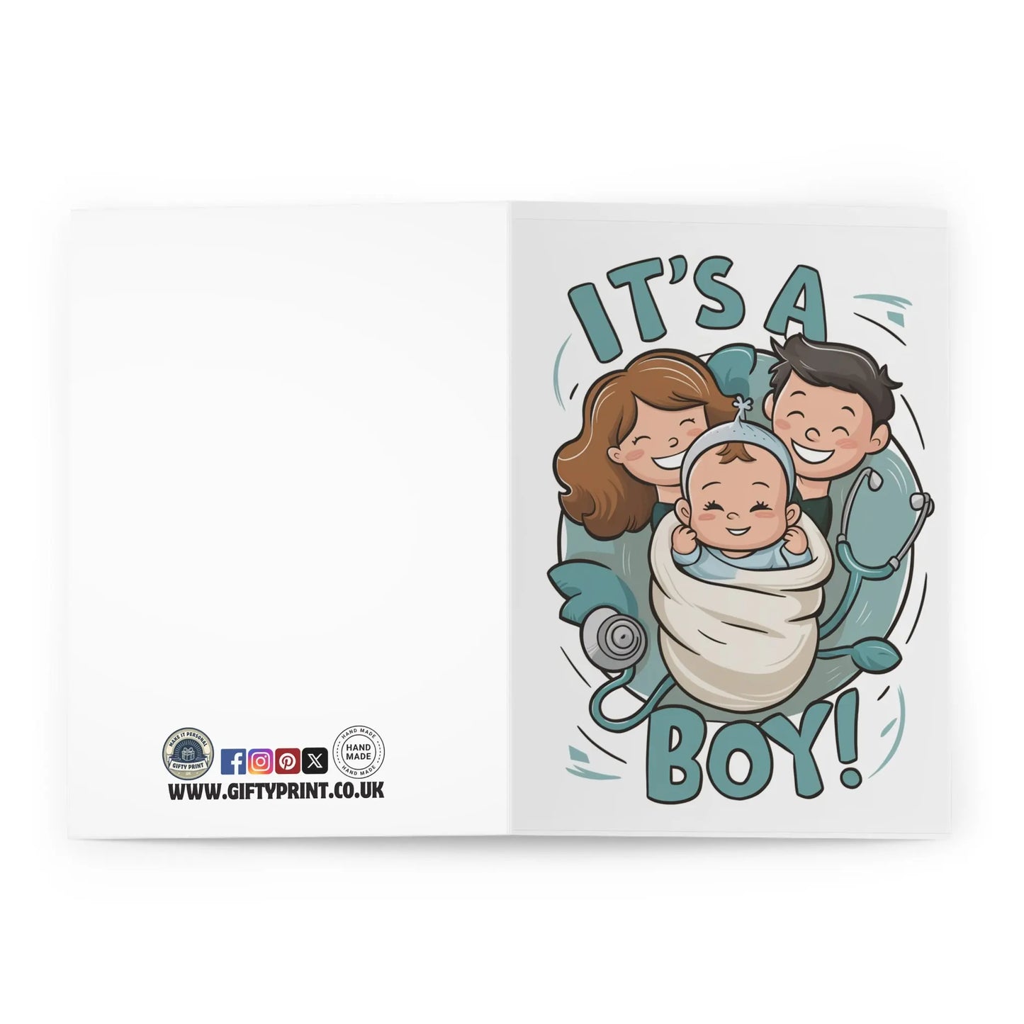 open view of New Baby Boy Card It's A Boy Cute Mom Dad & Baby